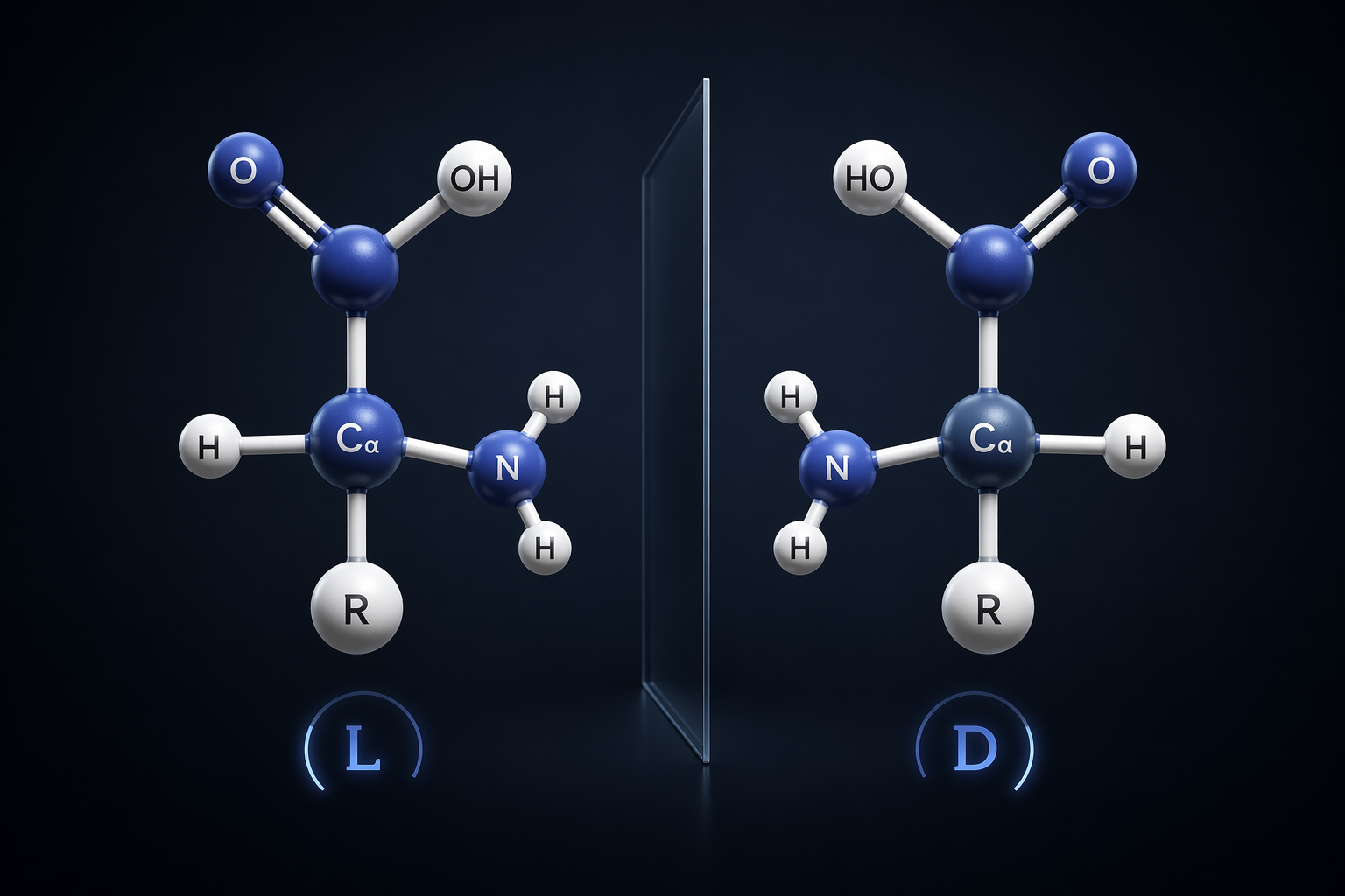 Mirror-image amino acid molecules illustrating left- and right-handed molecular chirality