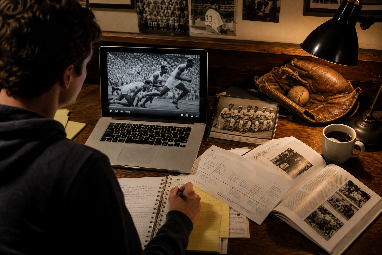 Student studying history with a paused archival sports documentary, notes, a timeline chart, a textbook, photographs, and a vintage baseball glove on a desk