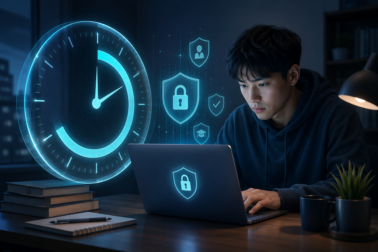 Student at a laptop with a 48-hour countdown, shields, and lock icons