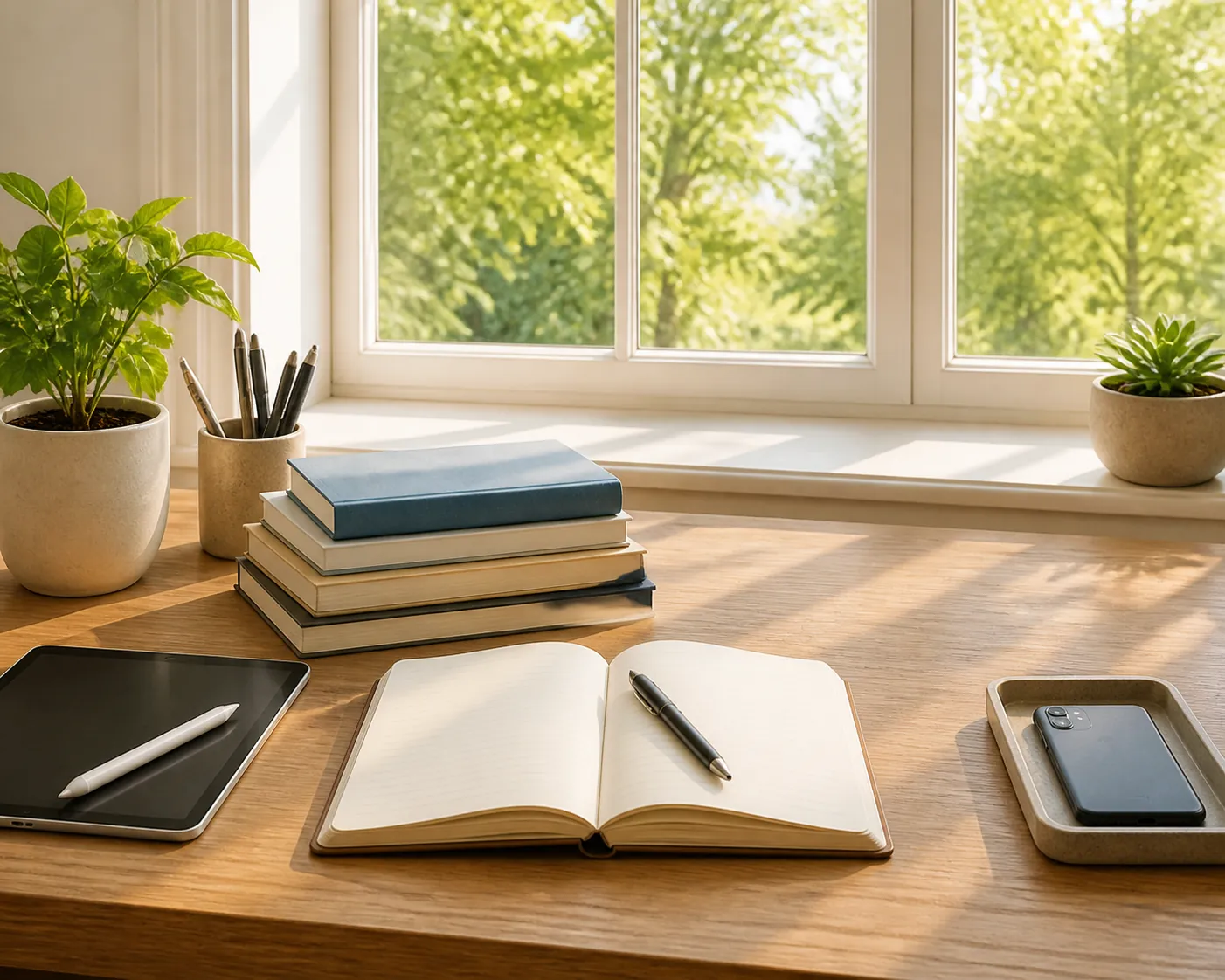 Notebook and study books beside a tablet, with a smartphone placed face-down away from the study area in bright summer light