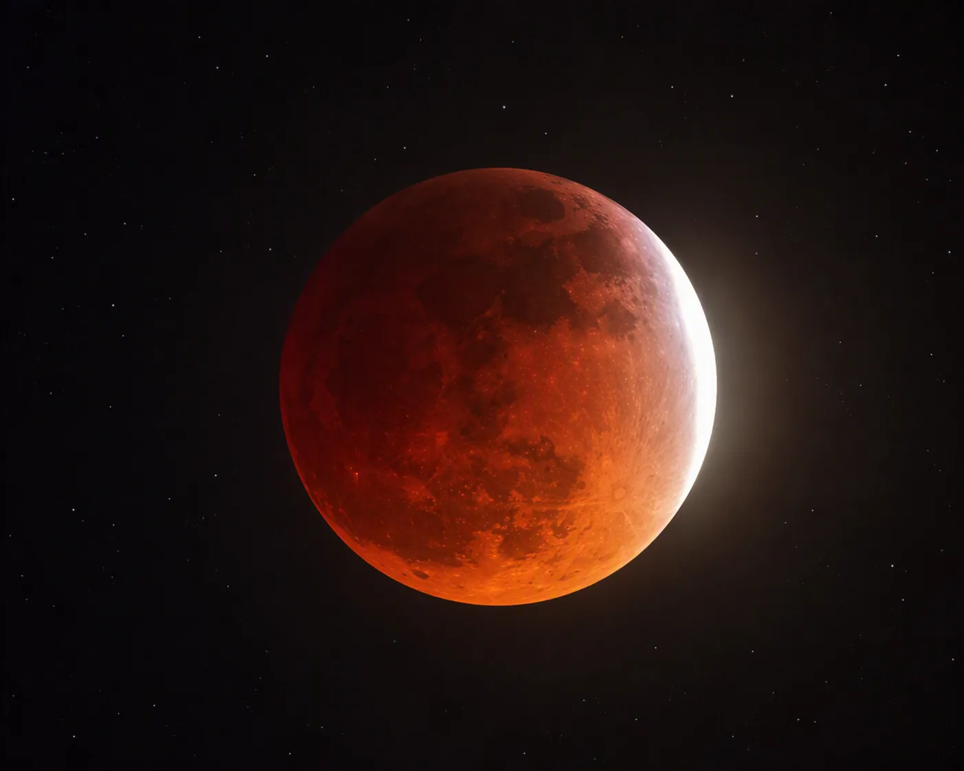 Deep partial lunar eclipse with a red-orange Moon and a thin bright crescent