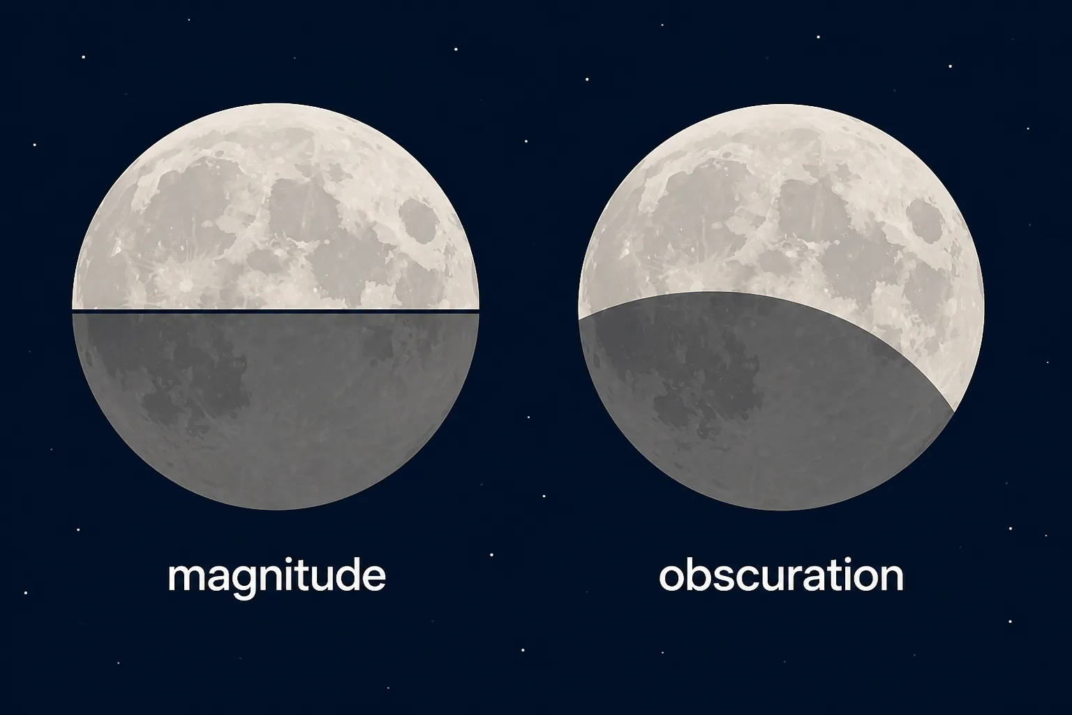 Comparison diagram showing eclipse magnitude as a diameter fraction and obscuration as a surface-area fraction
