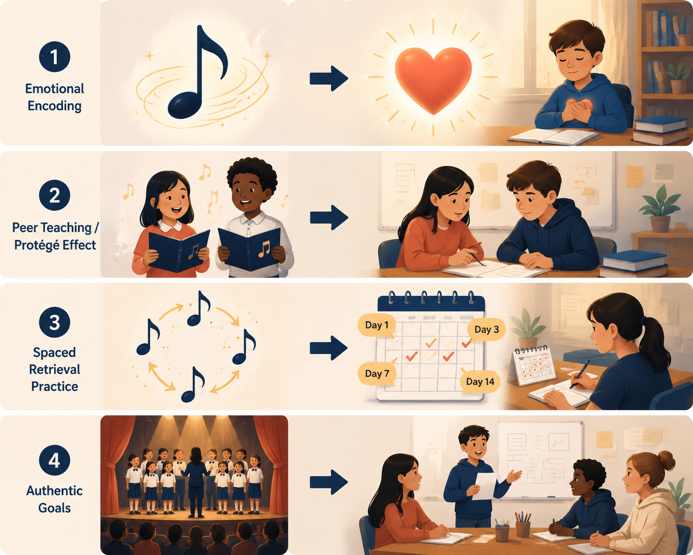 Illustration showing chorus activities transforming into study habits: emotion, peer teaching, spaced repetition, and presentation
