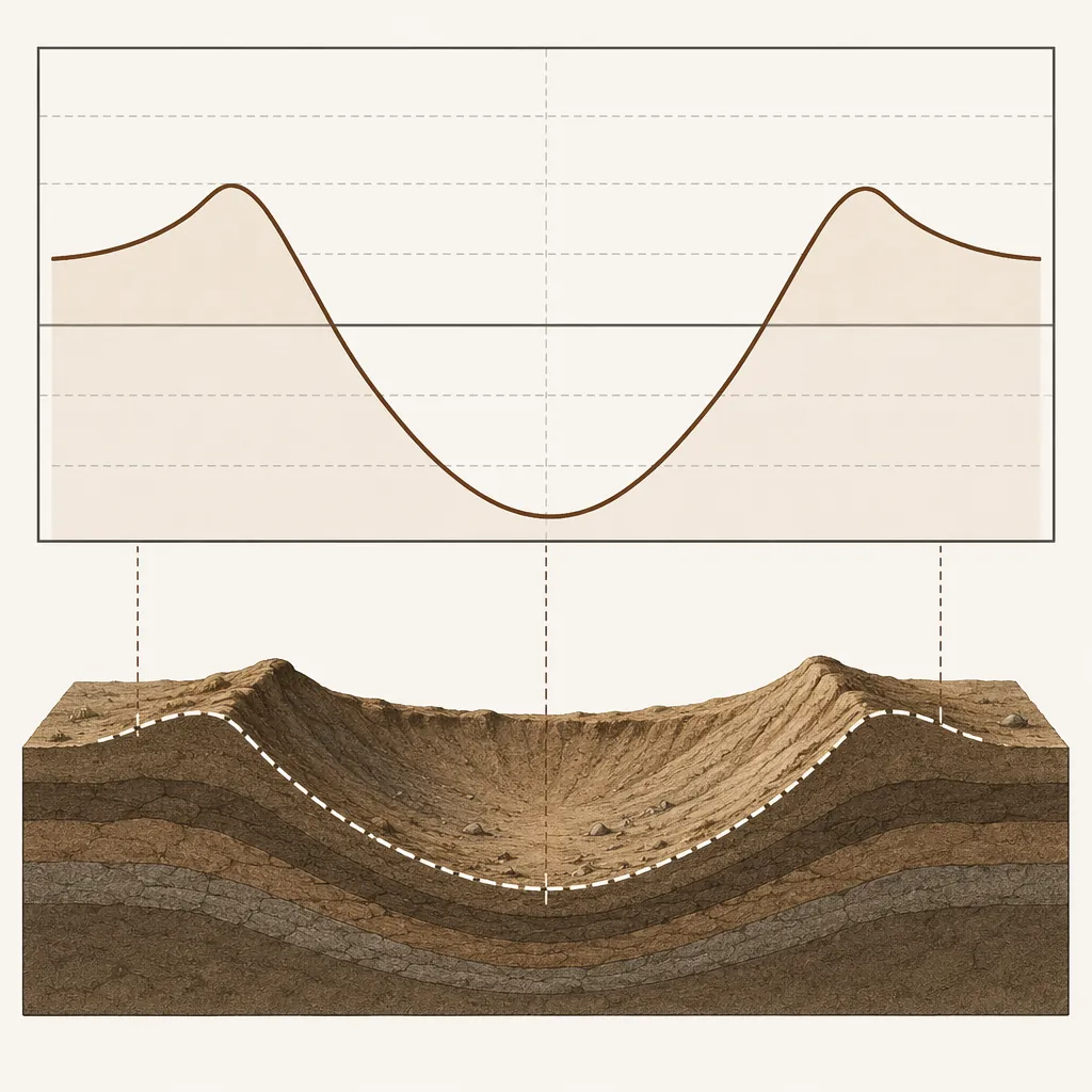 Elevation profile diagram showing raised crater rims and a bowl-shaped depression