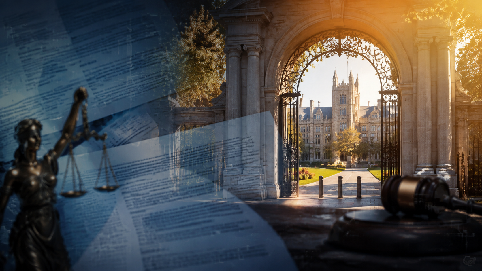 Editorial photo of a university gateway with legal papers and scales of justice in front.