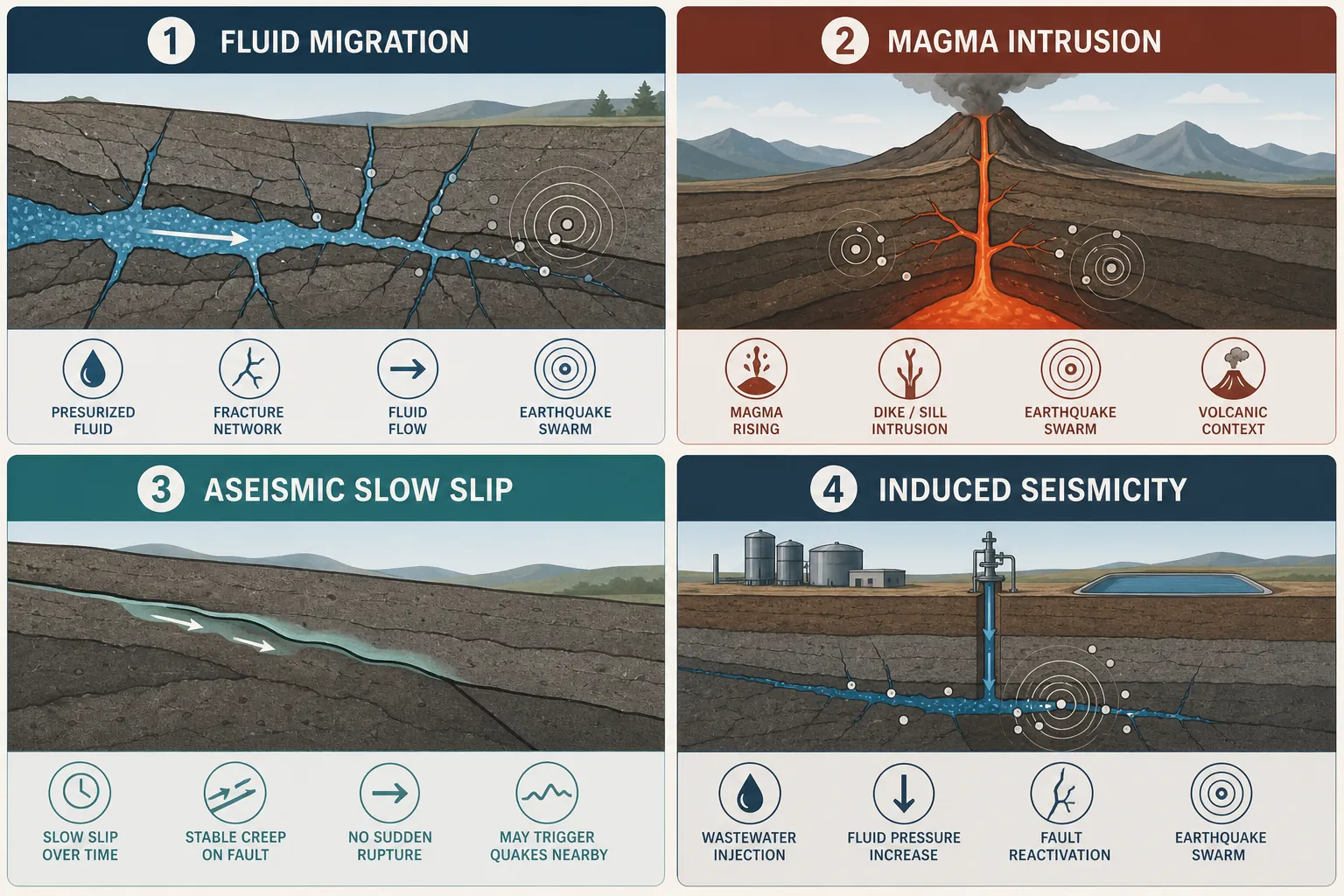 Comparison grid showing four earthquake swarm mechanisms: fluid migration, magma intrusion, aseismic slow slip, and induced seismicity