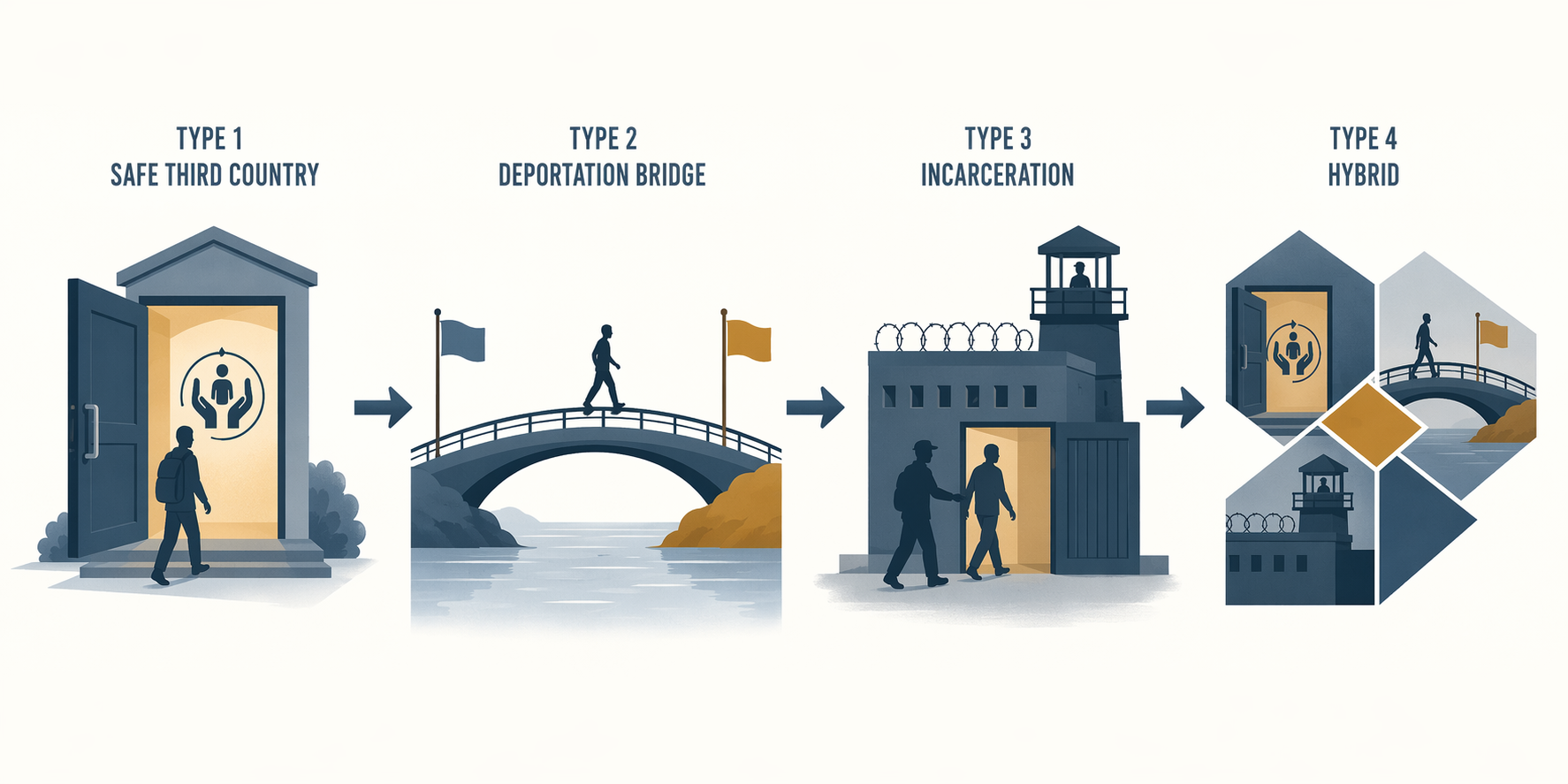 Diagram showing four metaphors for third-country agreements: shelter door, bridge, detention facility, and interlocking shapes