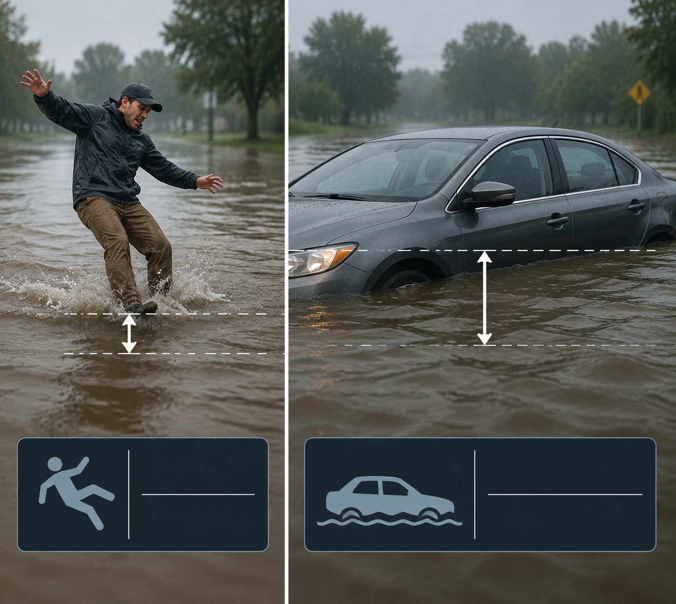 Illustration comparing shallow moving floodwater that can knock over a person with deeper water around a car