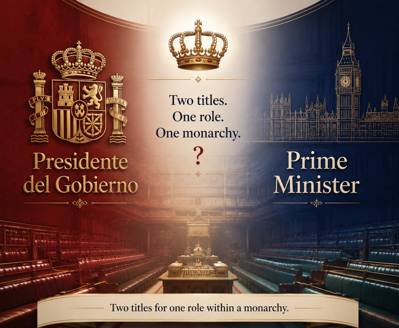 Illustration contrasting the official title Presidente del Gobierno with the English role label Prime Minister under a crown and parliamentary backdrop