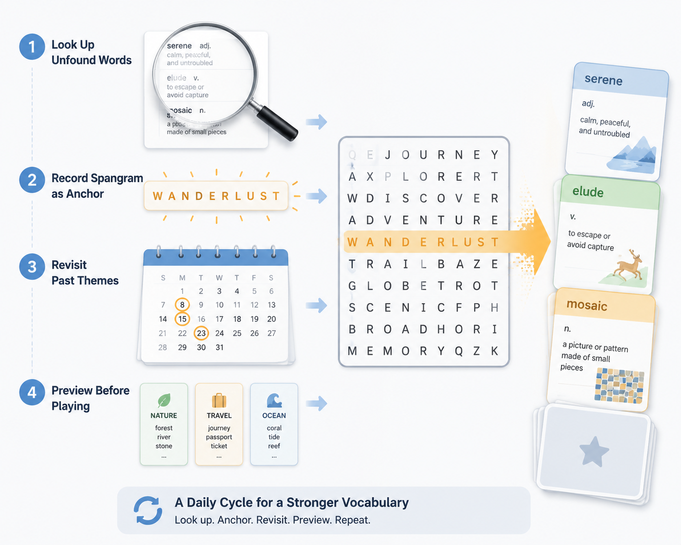 Four-step vocabulary routine beside a word puzzle grid with lookup, spangram anchor, spaced review, and preview cards