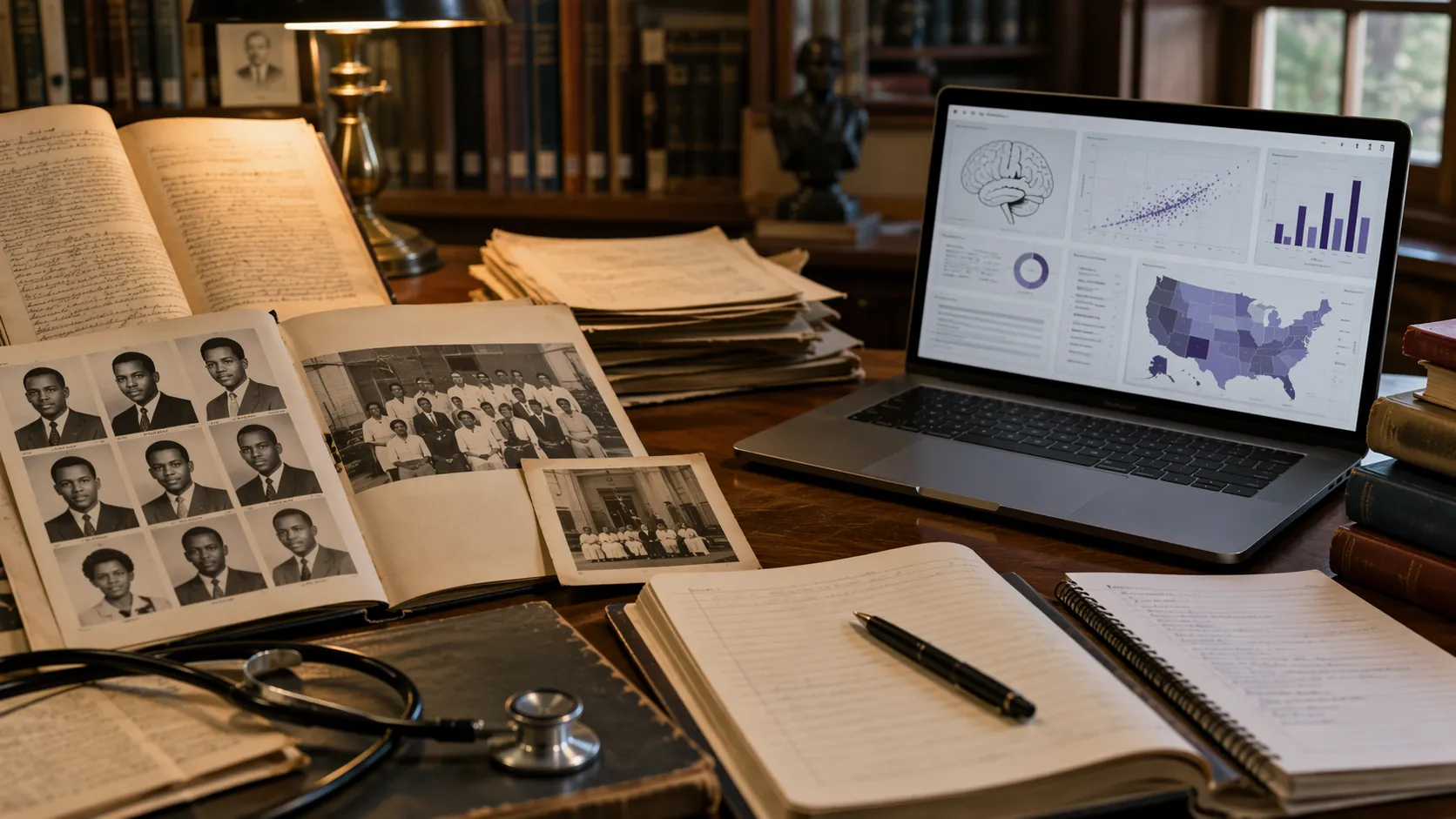 Archival medical documents and a vintage yearbook beside a laptop showing MCAT study materials