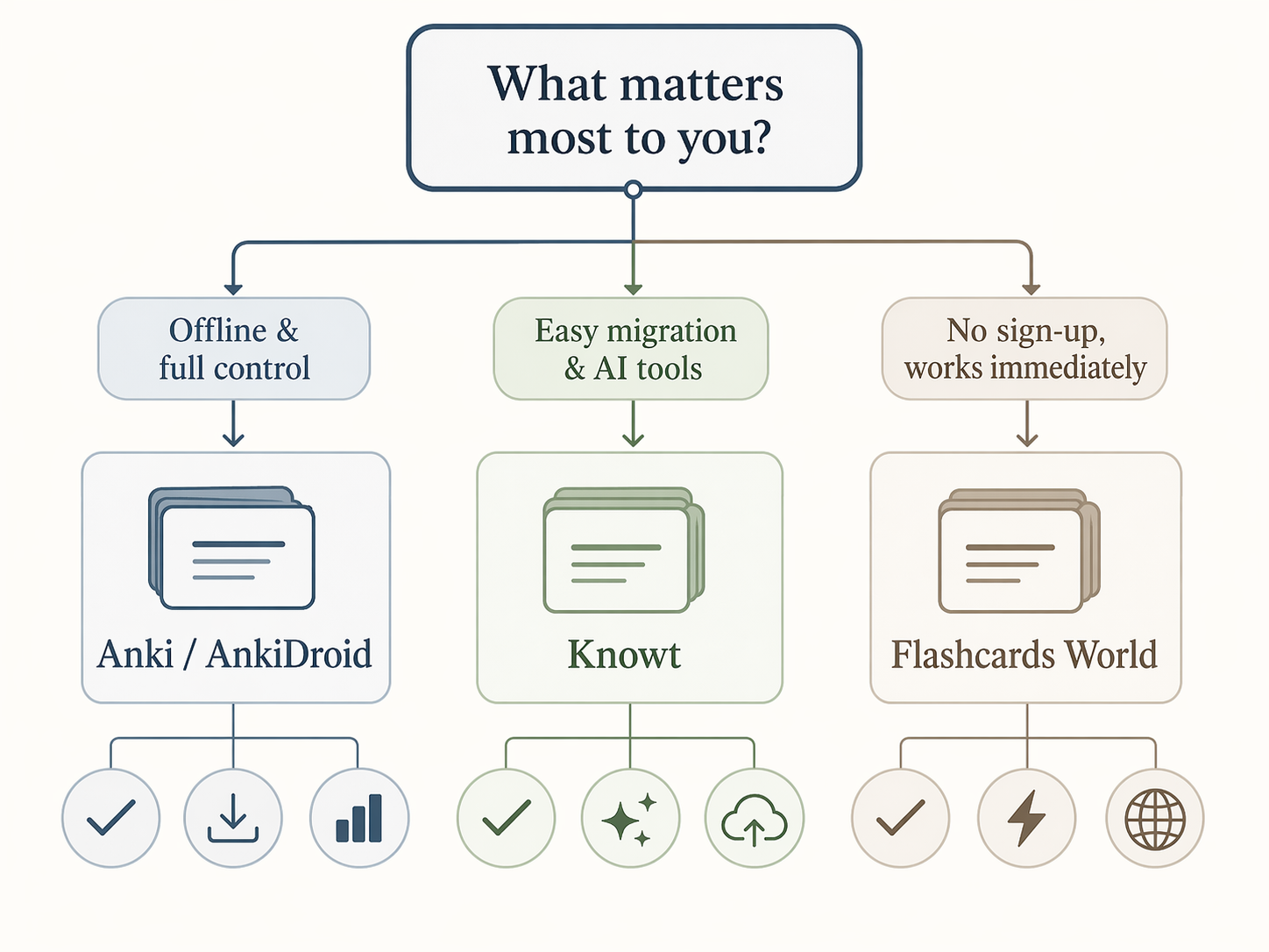 Decision flowchart for choosing a free flashcard app, starting with the question 'What matters most to you?' and branching into three paths: Offline & full control leading to Anki/AnkiDroid, Easy migration & AI tools leading to Knowt, and No sign-up works immediately leading to Flashcards World.