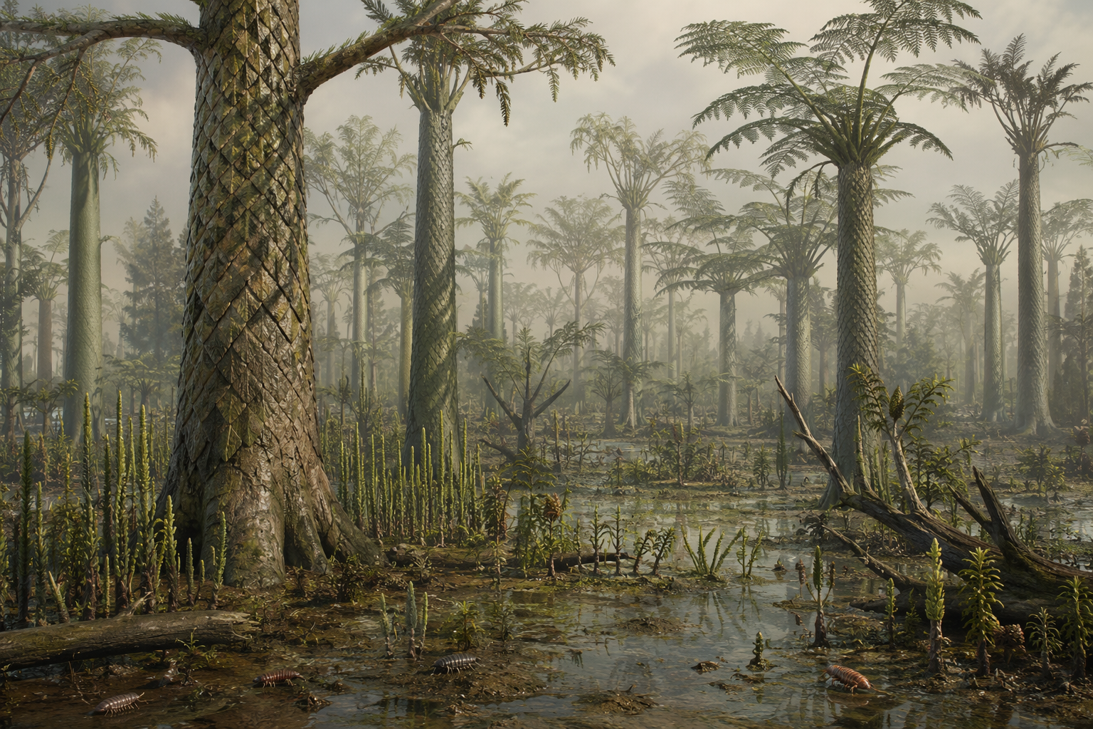 Middle Devonian forest with arborescent lycopsids and progymnosperms in a swampy landscape