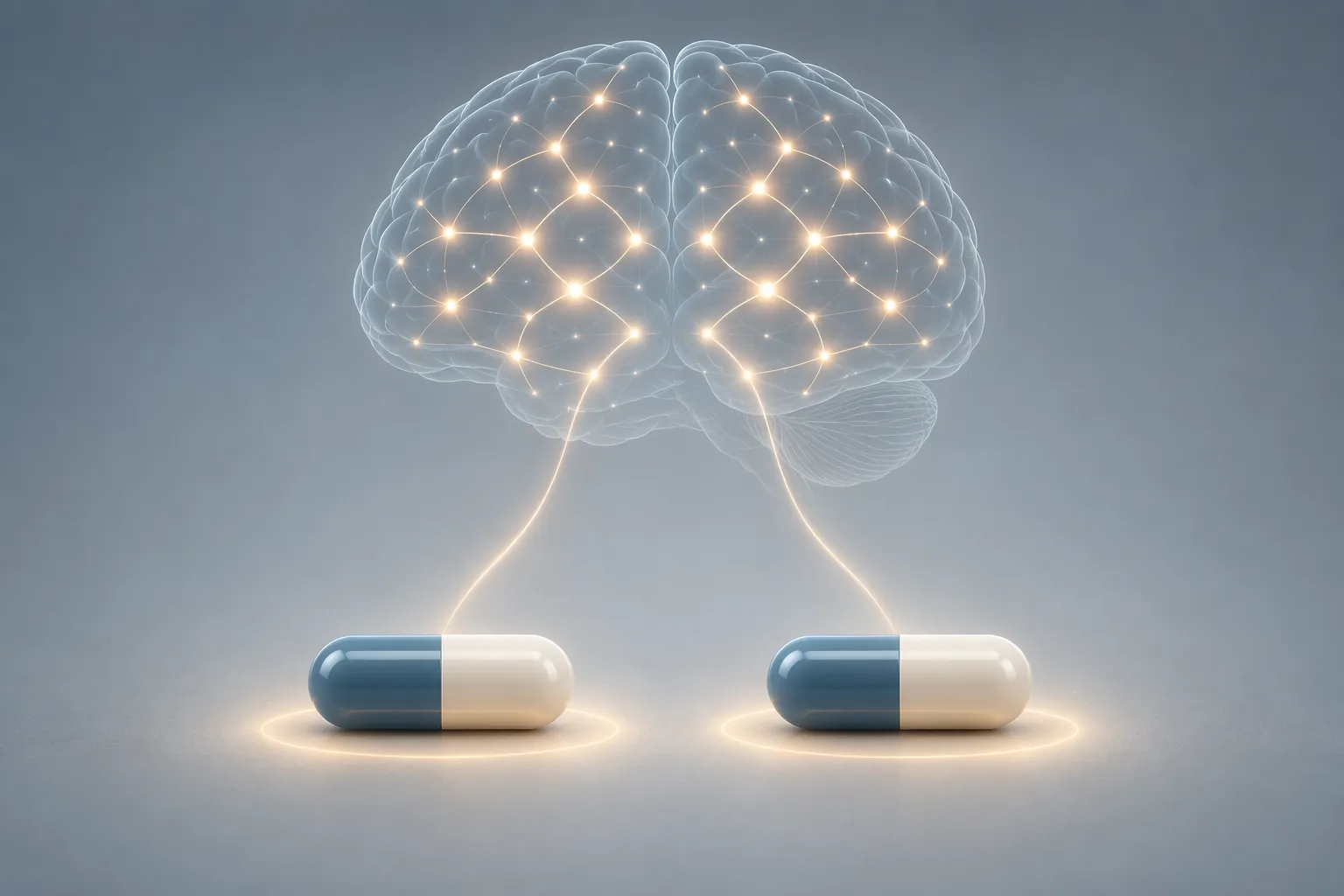 Two identical capsules with matching abstract brain activity patterns, illustrating expectancy and placebo effects.