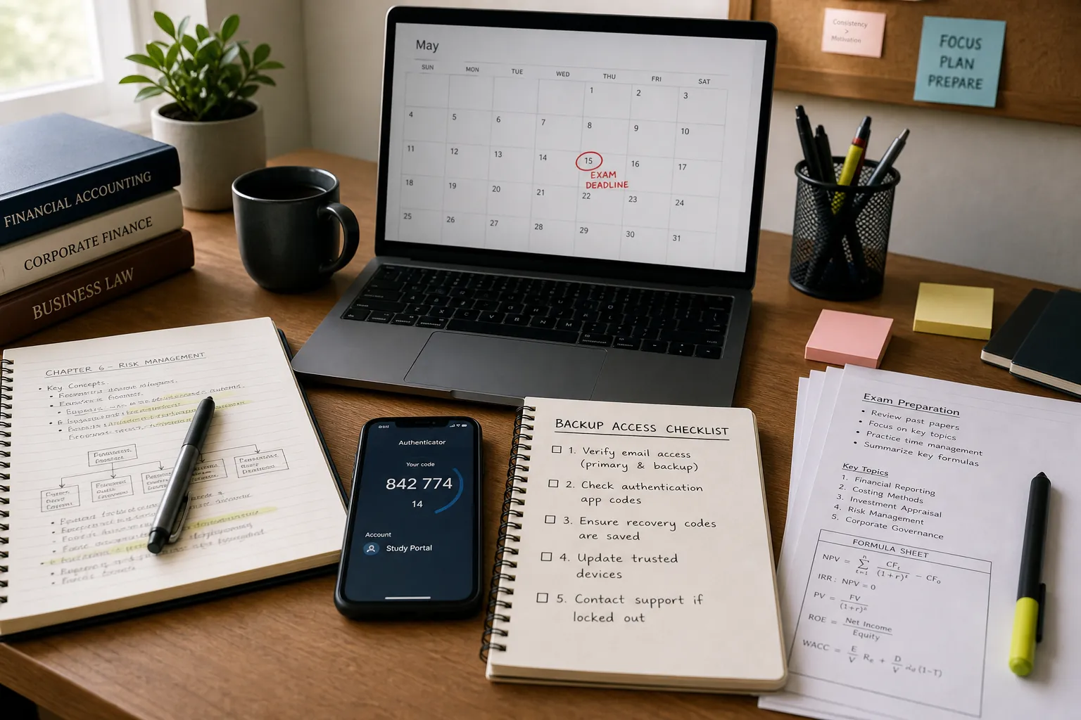 An organized exam preparation desk with a laptop, phone, notes, deadline calendar, and backup access checklist