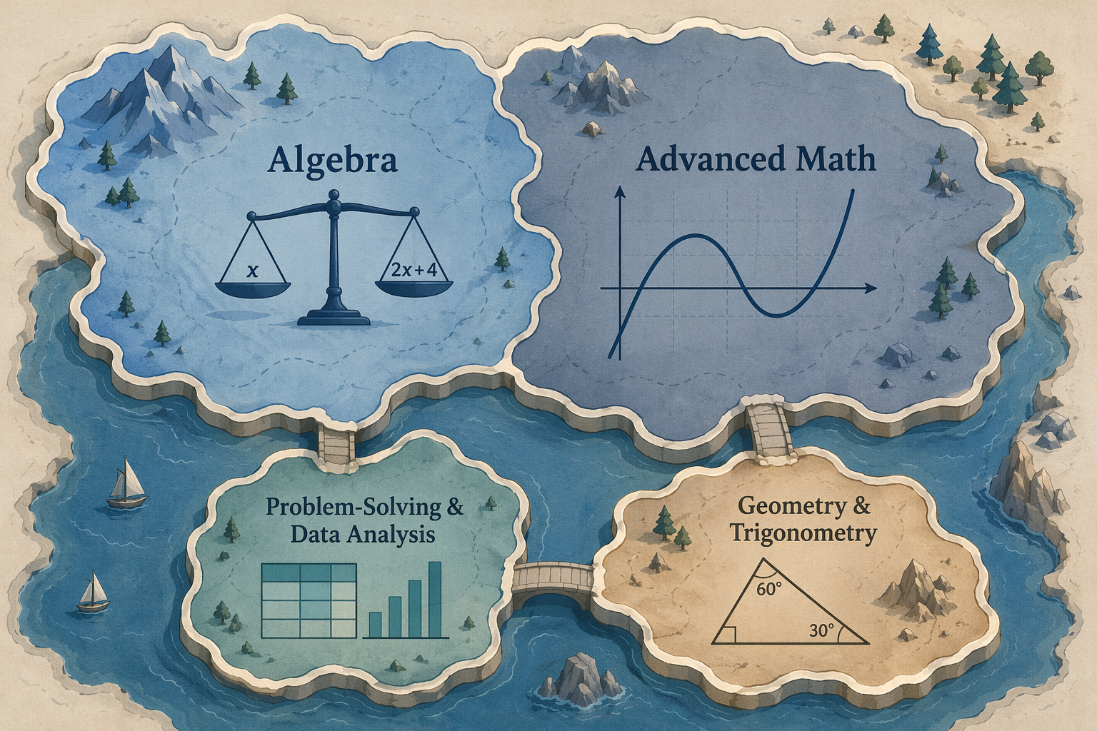 Four SAT Math domains shown as differently sized strategic zones, with Algebra and Advanced Math larger than Data Analysis and Geometry