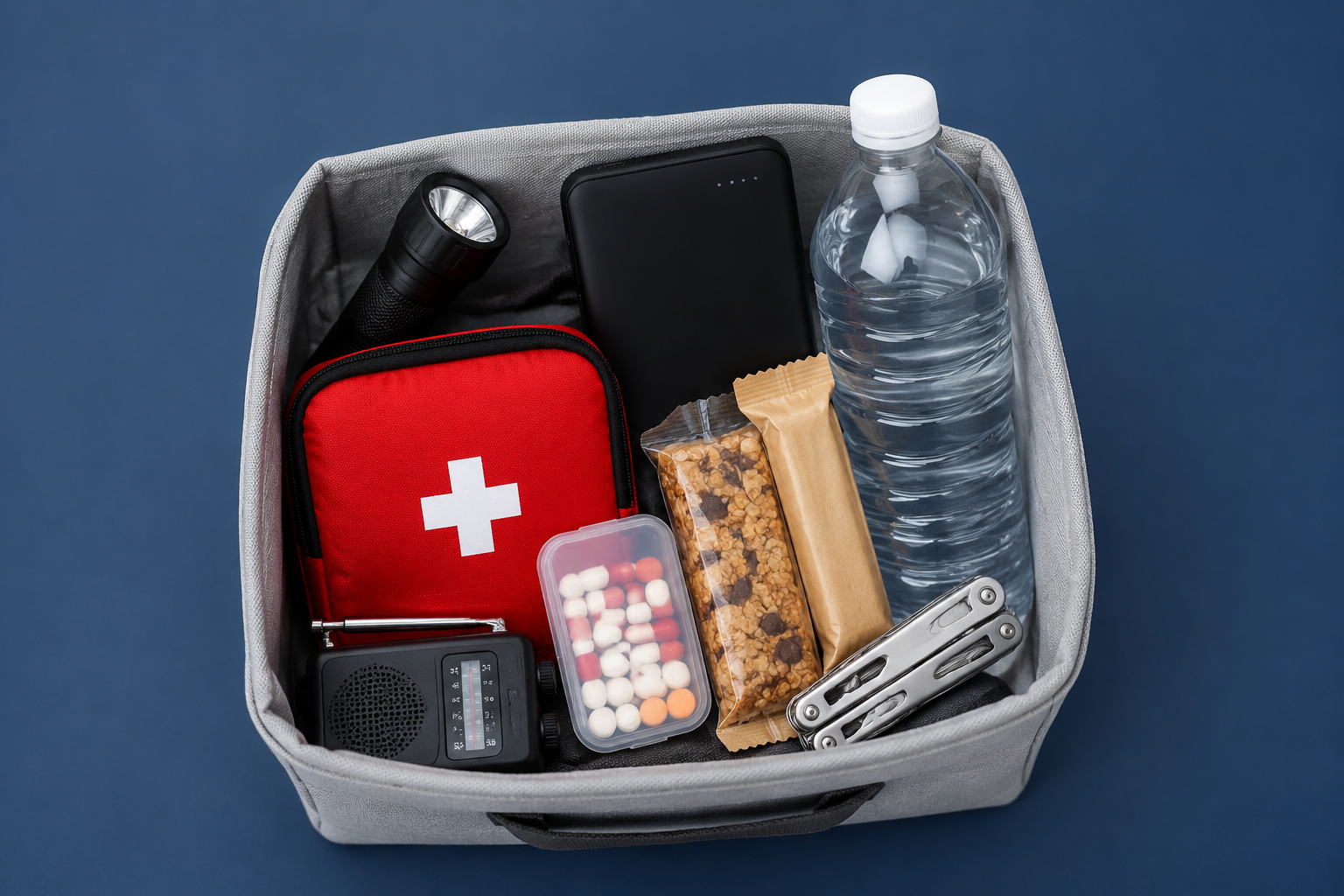 Compact dorm emergency kit with flashlight, power bank, water, first aid supplies, radio, snacks, medications, and small tool