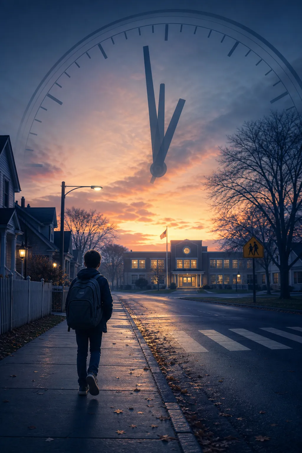 Student walking toward school in early morning twilight with a clock face above the street