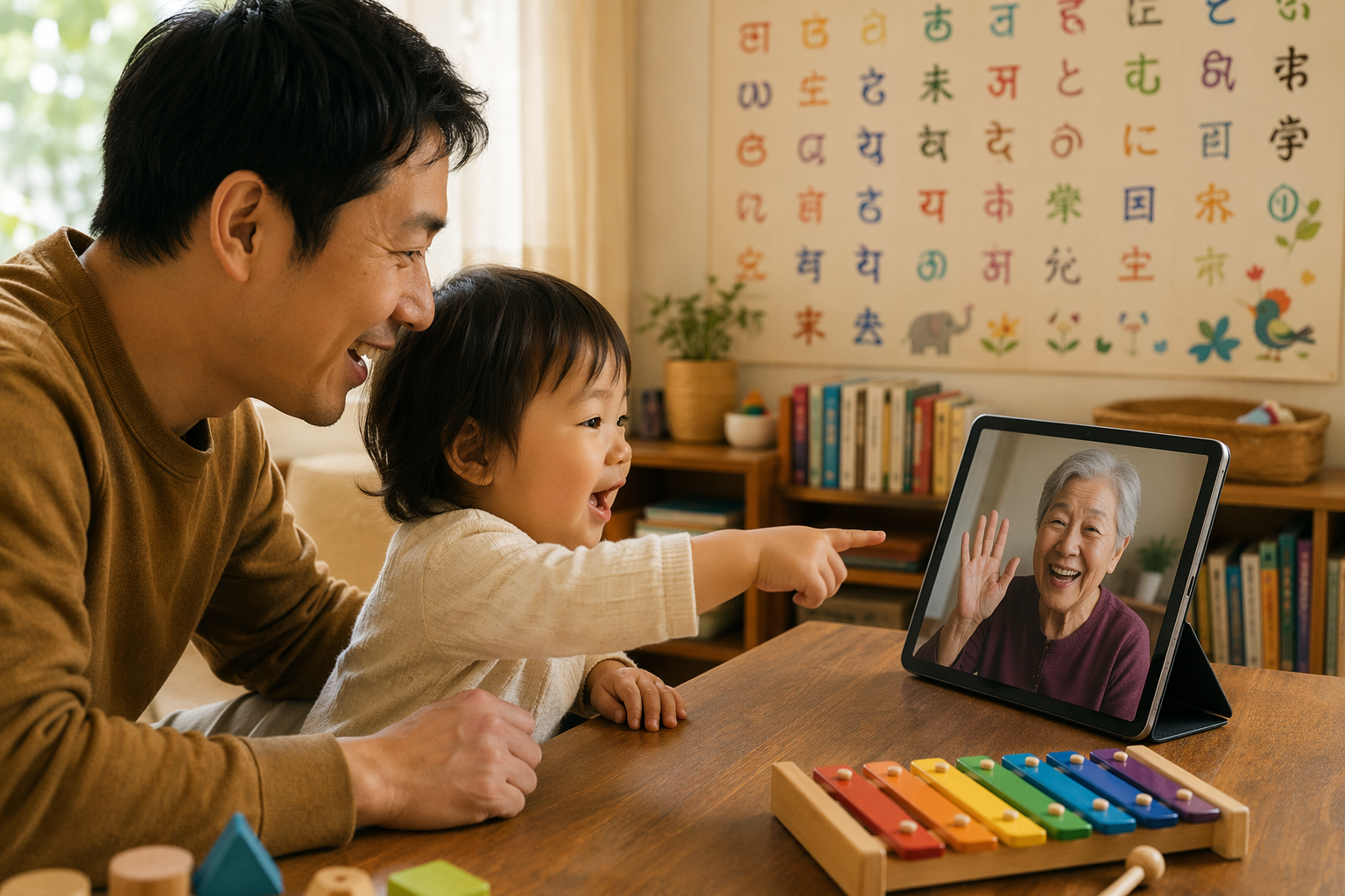 Toddler video calling a smiling grandparent as part of a bilingual family routine