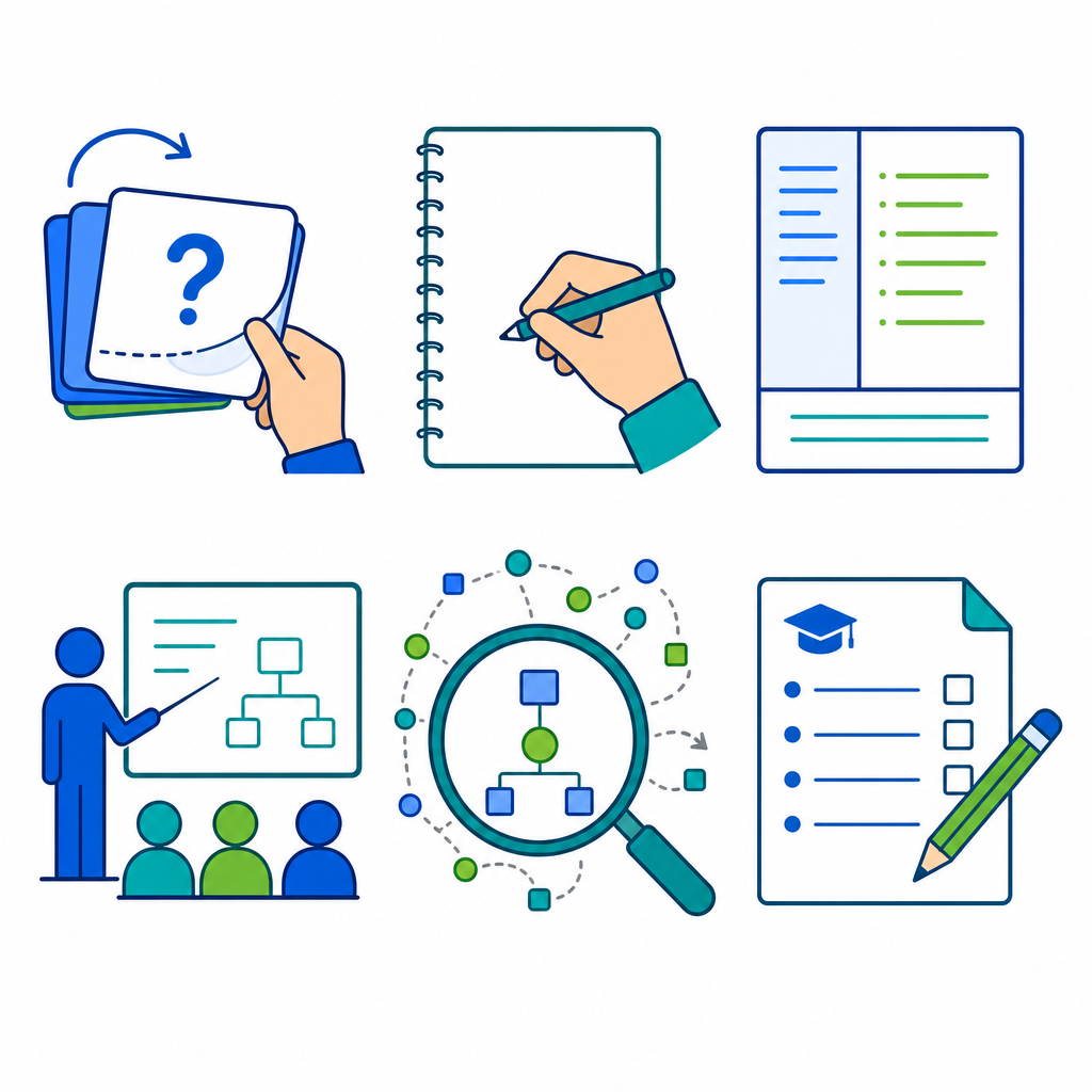 A 2×3 icon grid showing six active recall methods: a flashcard being flipped, a hand writing from memory, a Cornell note sheet, a figure explaining at a whiteboard, a magnifying glass simplifying a diagram, and a past exam paper with a pencil.