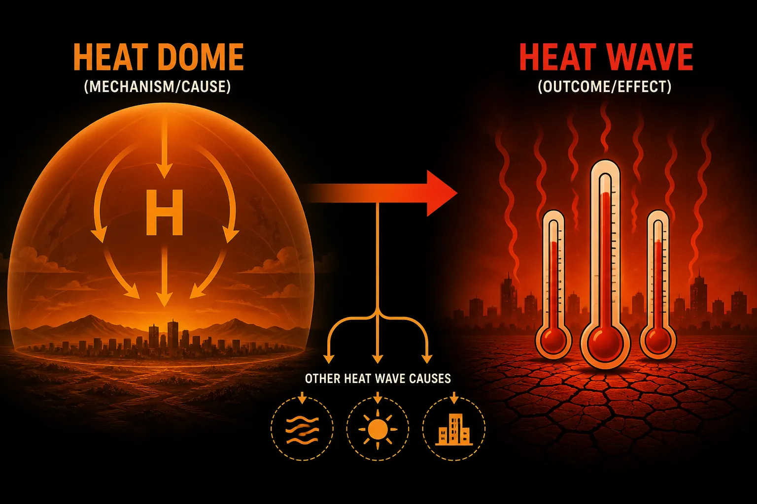 Cause-effect diagram showing a heat dome leading to a heat wave, with other possible causes branching toward heat waves