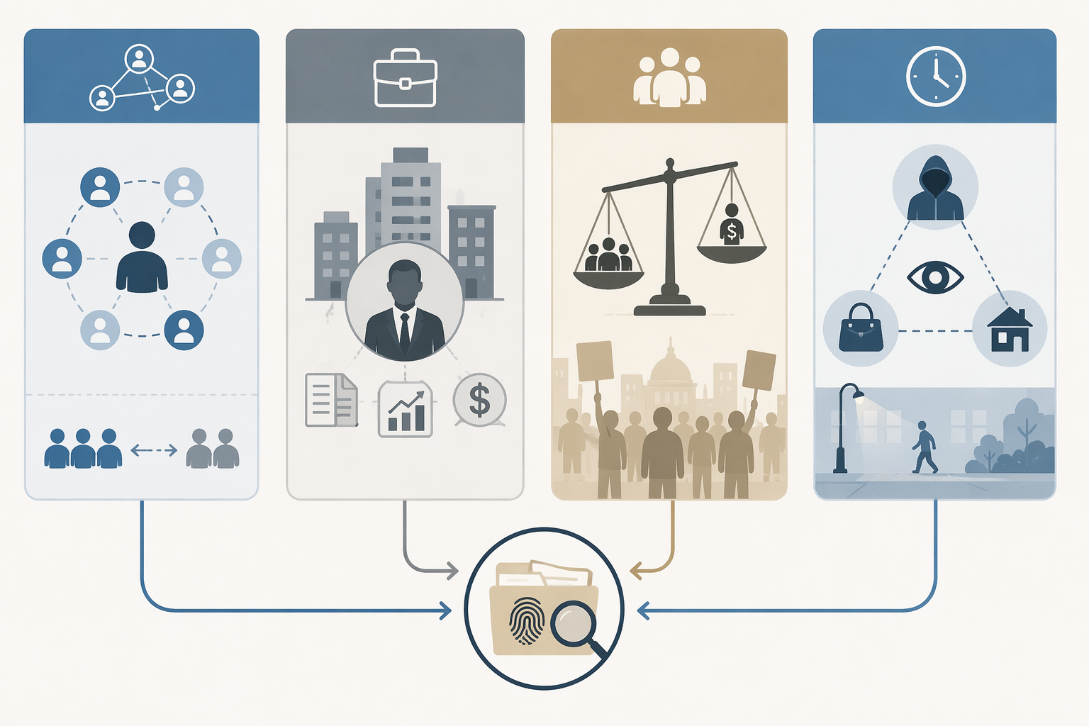 Four-panel academic diagram around a central symbol showing multiple theories linked to one case study