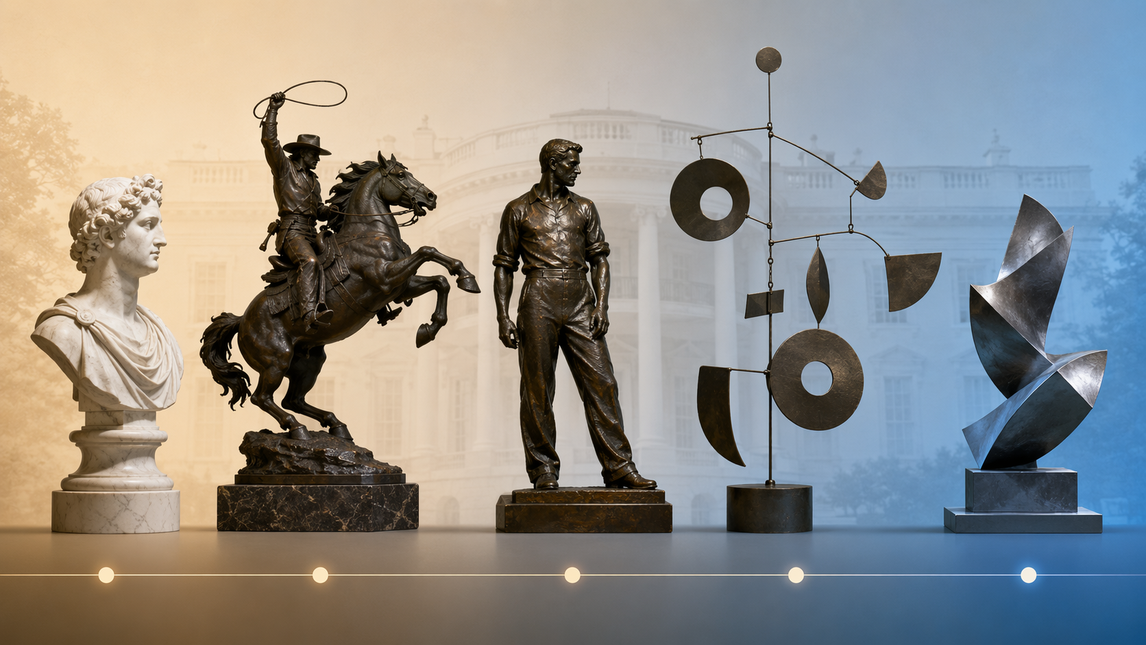 Timeline of sculptural styles from neoclassical bust to Western bronze, early modern figure, abstract mobile, and contemporary sculpture