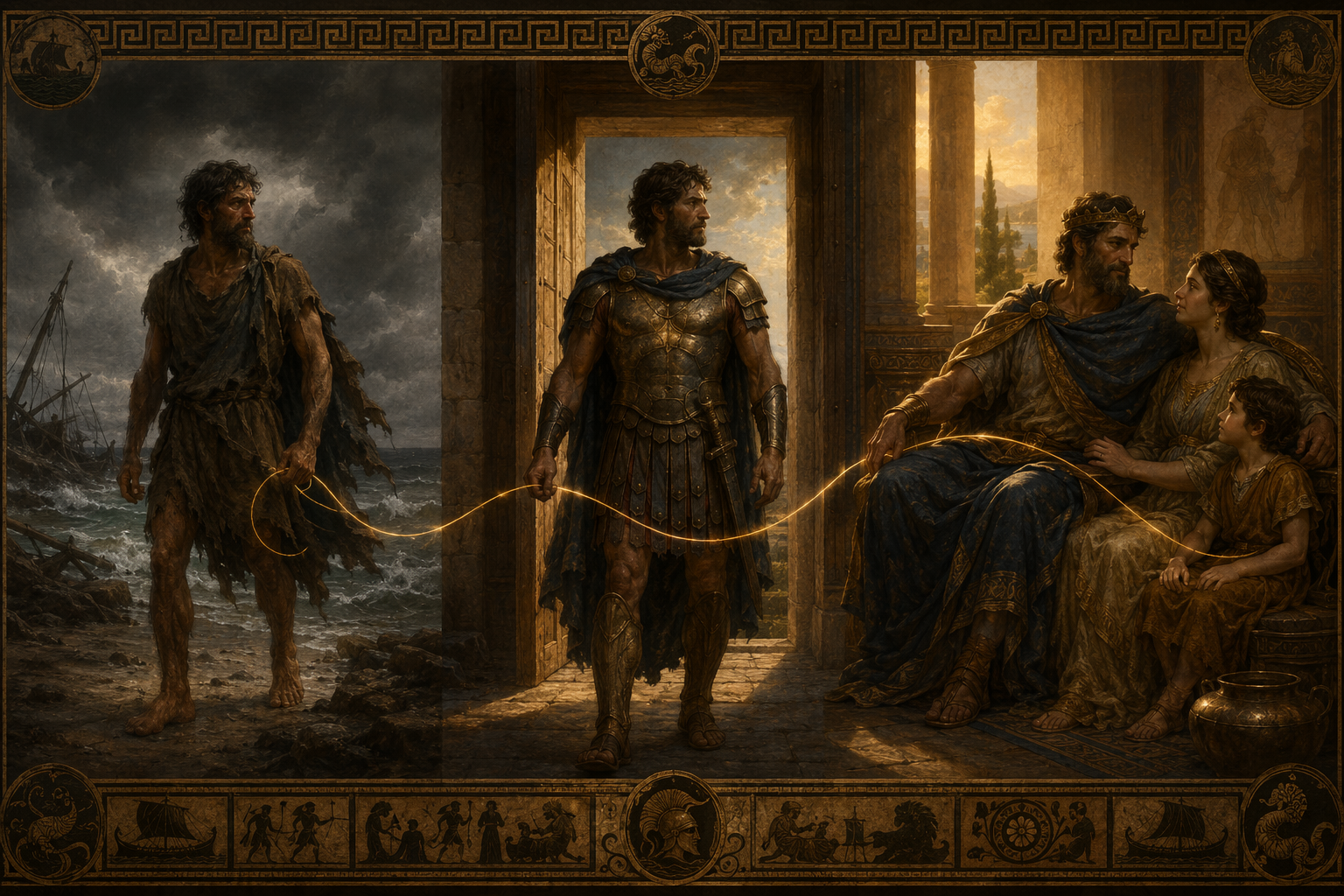Odysseus moving from shipwrecked wanderer to warrior to restored king with his family