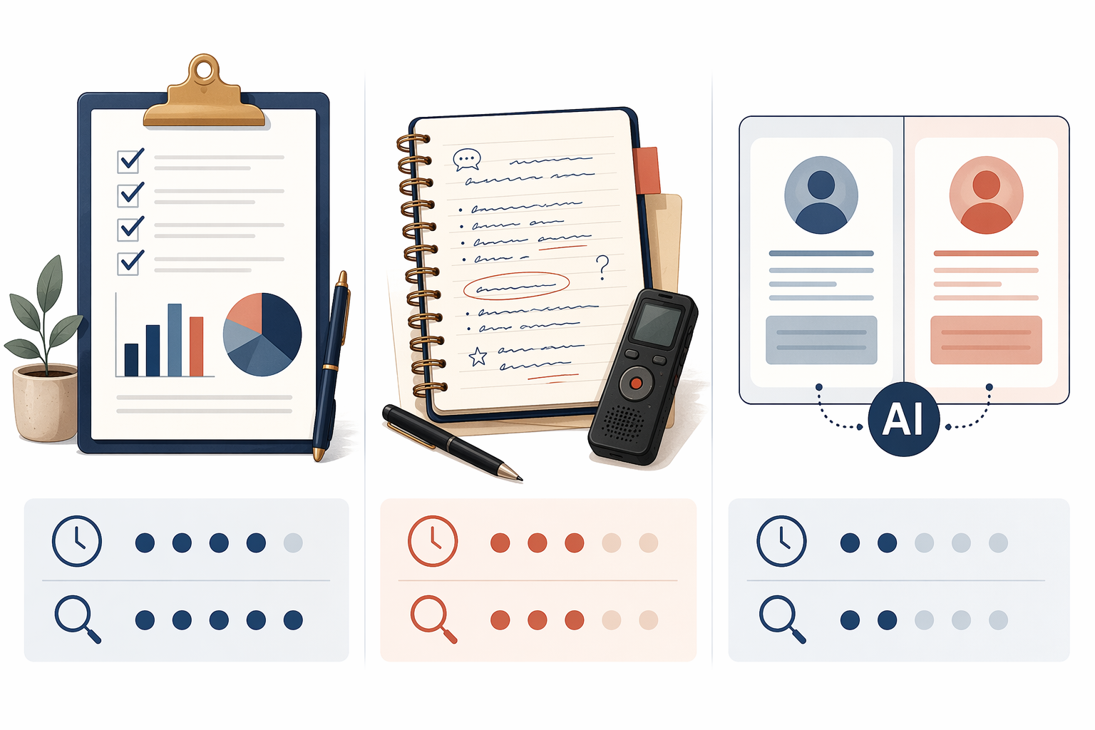 Side-by-side comparison of survey, interview, and experiment templates for a dating app ethics study