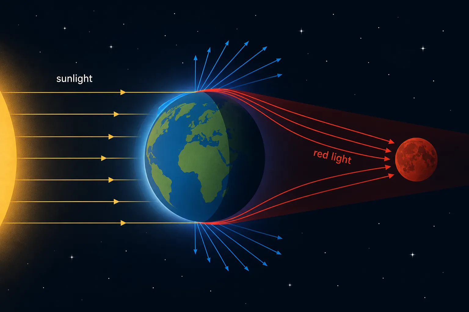 Diagram showing blue light scattering away and red light refracting through Earth’s atmosphere into the umbra