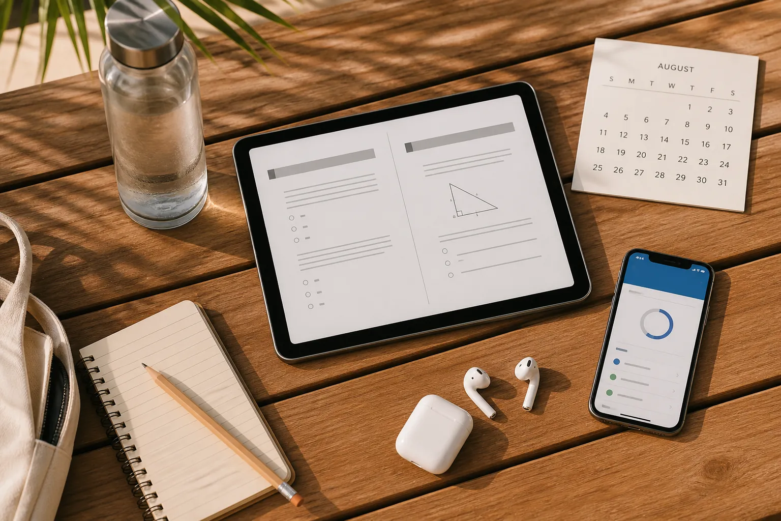 Portable SAT study kit with tablet, earbuds, notebook, pencil, phone, water bottle, and August calendar