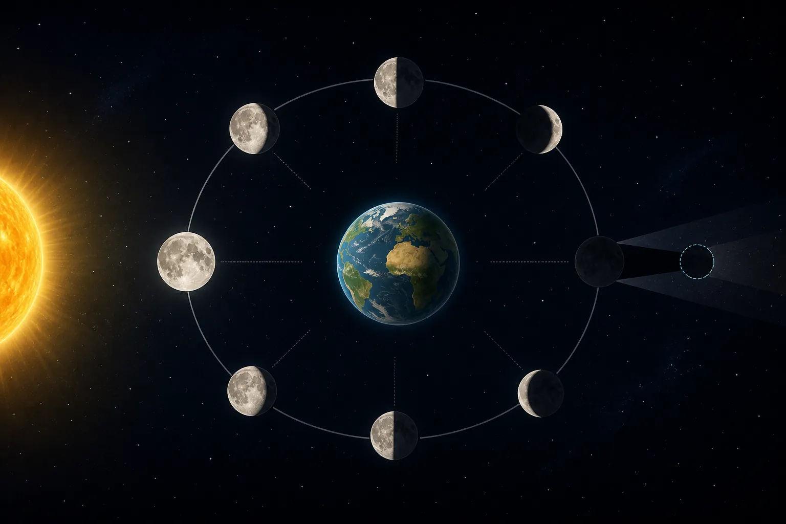 Diagram showing the Moon moving from full moon through waning phases toward new moon