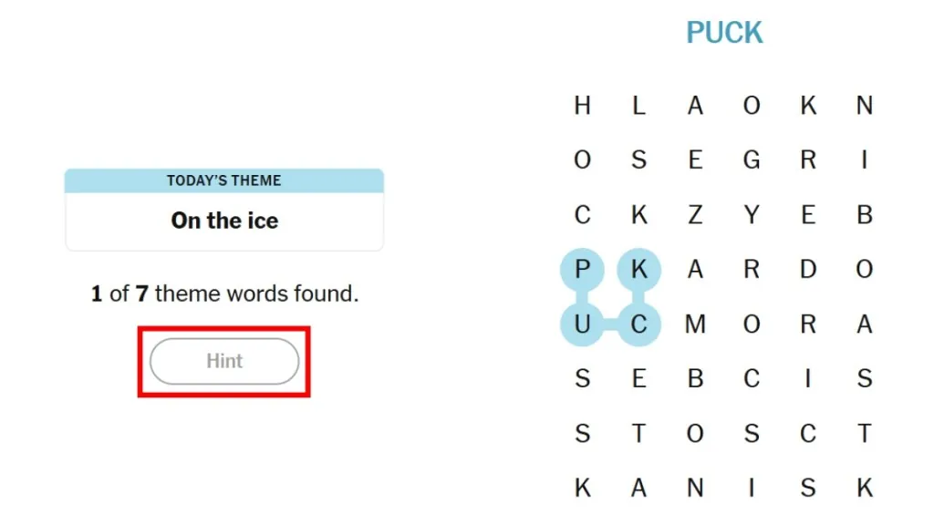 NYT Strands puzzle board with the in-game hint button highlighted