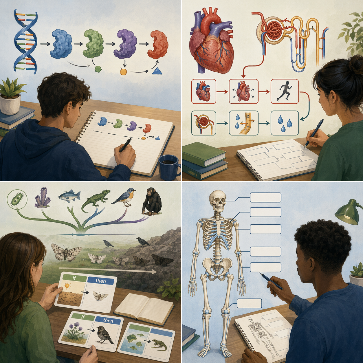 Four biology active recall formats: molecular pathway reconstruction, physiology mapping, conditional ecology logic, and anatomy diagram labeling