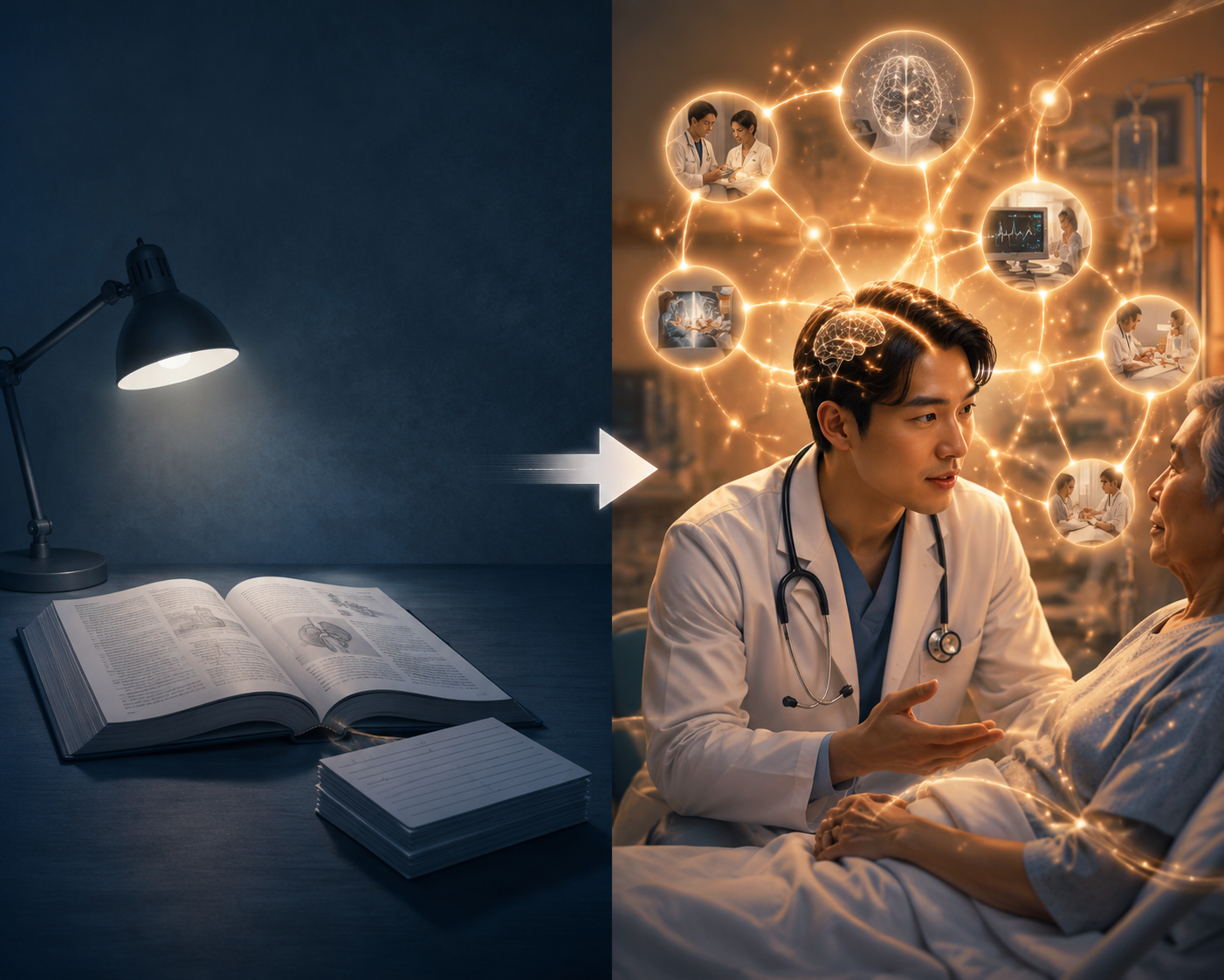 A split scene showing passive textbook study beside a warm clinical bedside case discussion.