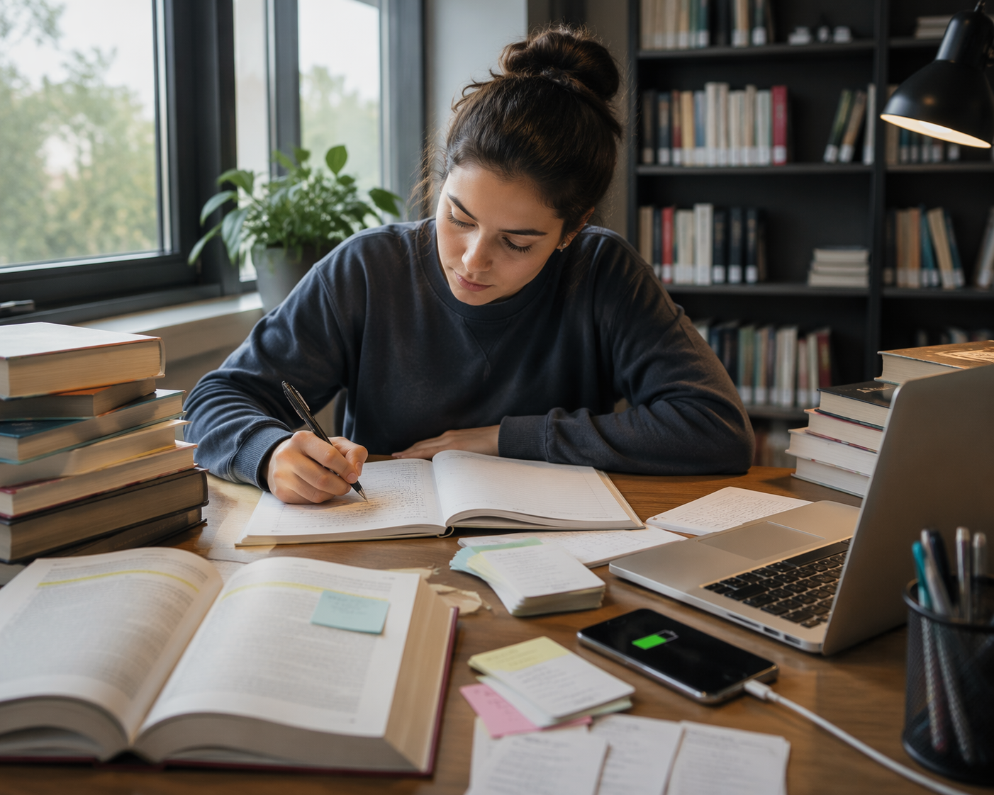 Student studying at a library table with textbooks, flashcards, a laptop, and a phone showing high battery charge