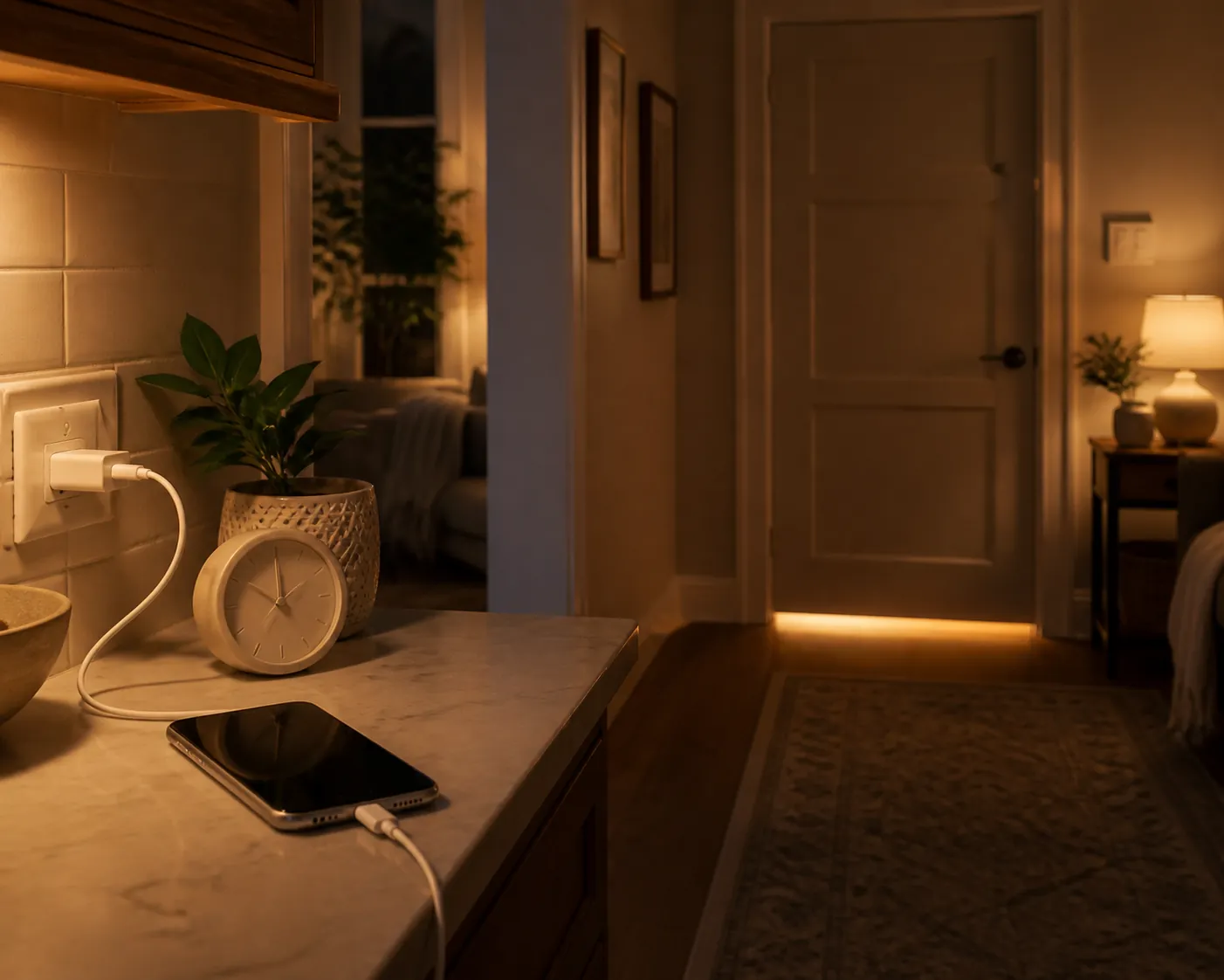 Smartphone charging on a kitchen counter at night away from a closed bedroom