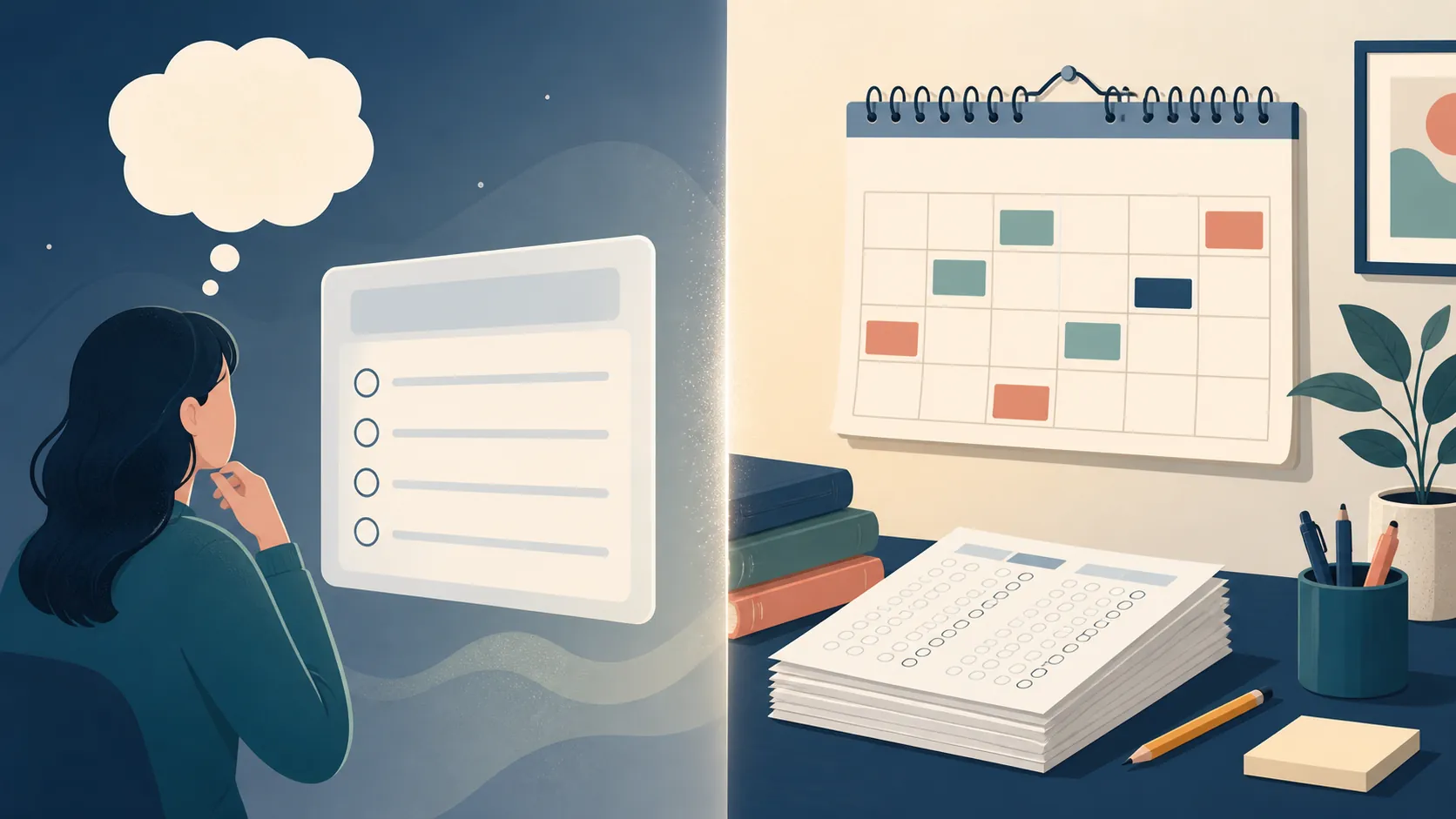 Quiz interface beside a calendar and practice test sheets