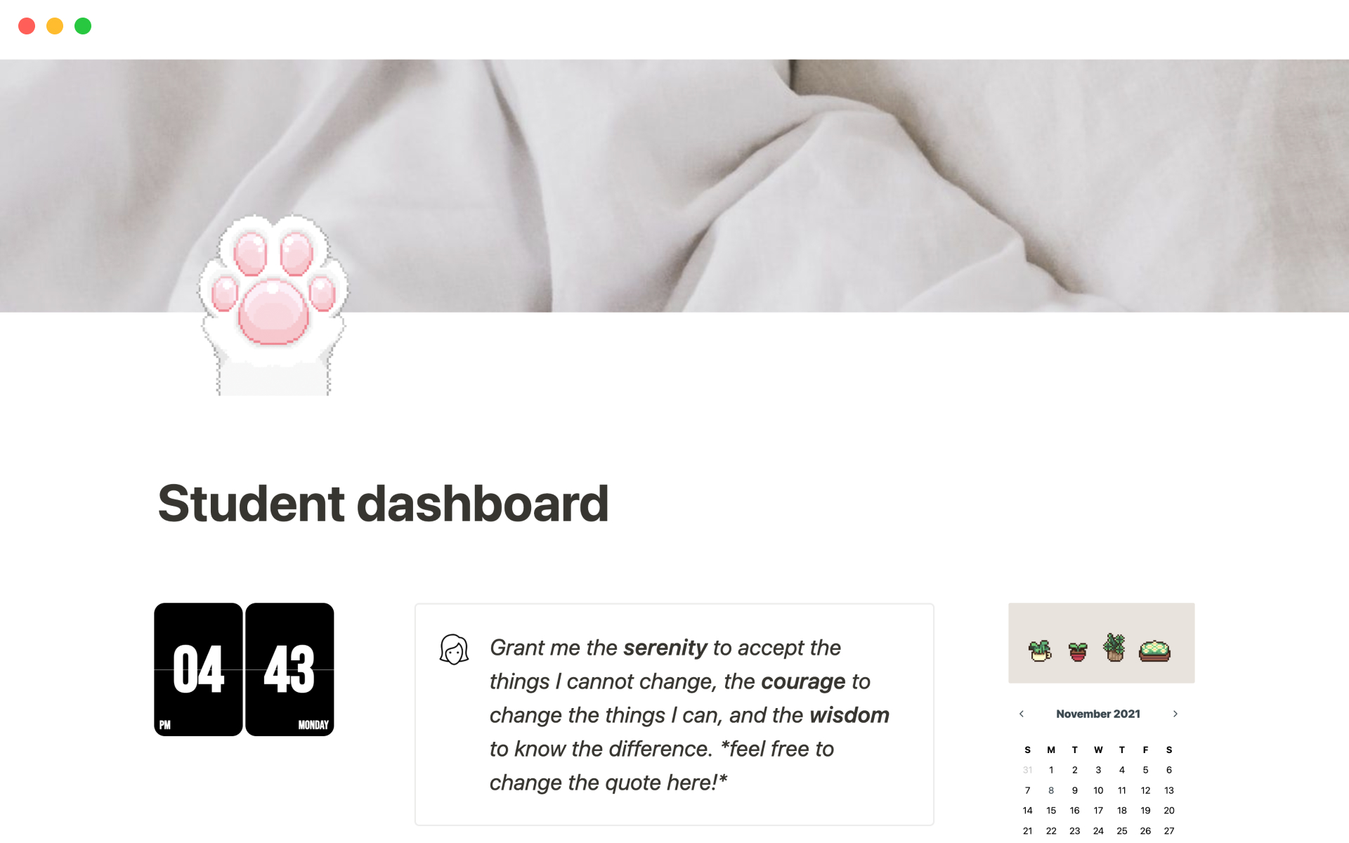 Janice Studies Notion student dashboard with coursework, tasks, calendar, and grade tracker