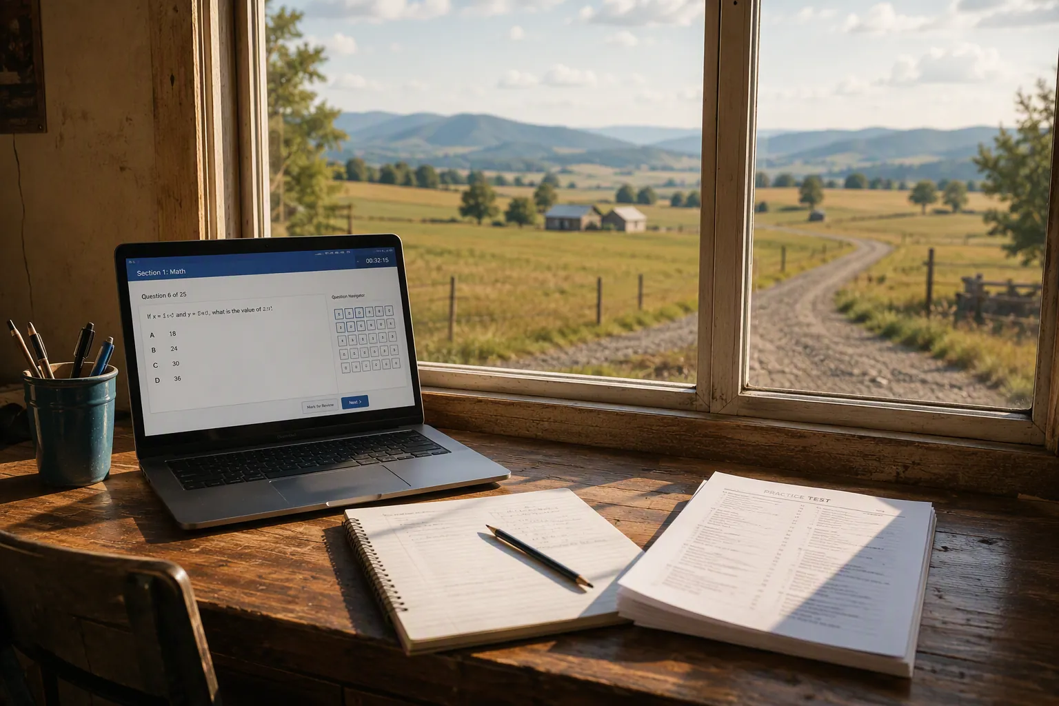 Study desk in a rural home with a laptop, notebook, pencil, and practice-test booklet by a window overlooking farmland