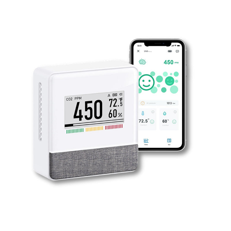 Portable indoor air quality monitor displaying real-time CO2 concentration, temperature, and humidity