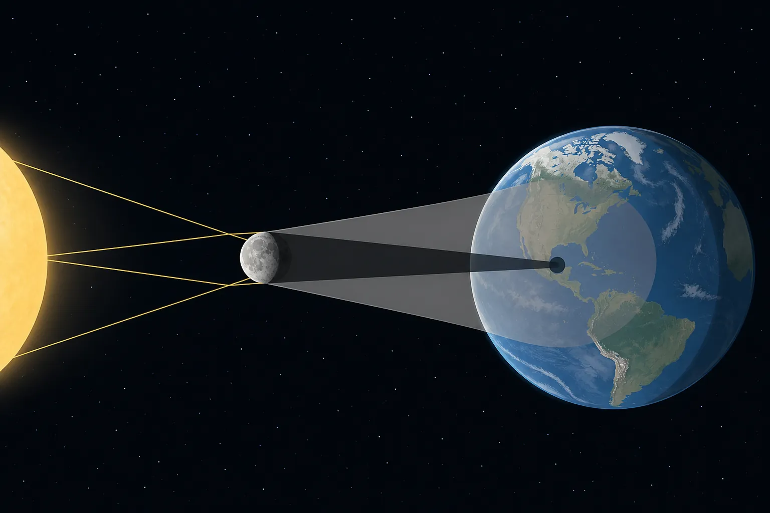 Moon shadow geometry with a narrow umbra cone and wider penumbra cone reaching Earth