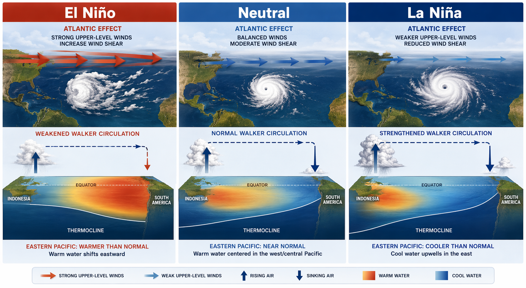 Three-panel comparison of El Niño, neutral, and La Niña effects on Walker Circulation and Atlantic hurricane activity