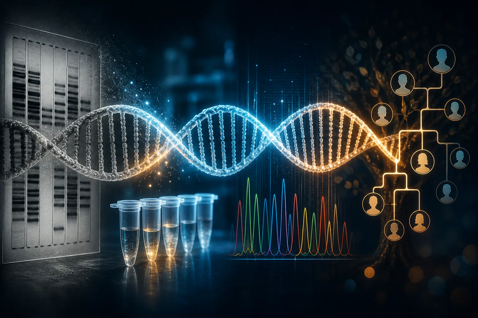 DNA helix transforming into forensic DNA reading stages from RFLP bands to PCR tubes, STR electropherogram peaks, and a family tree motif