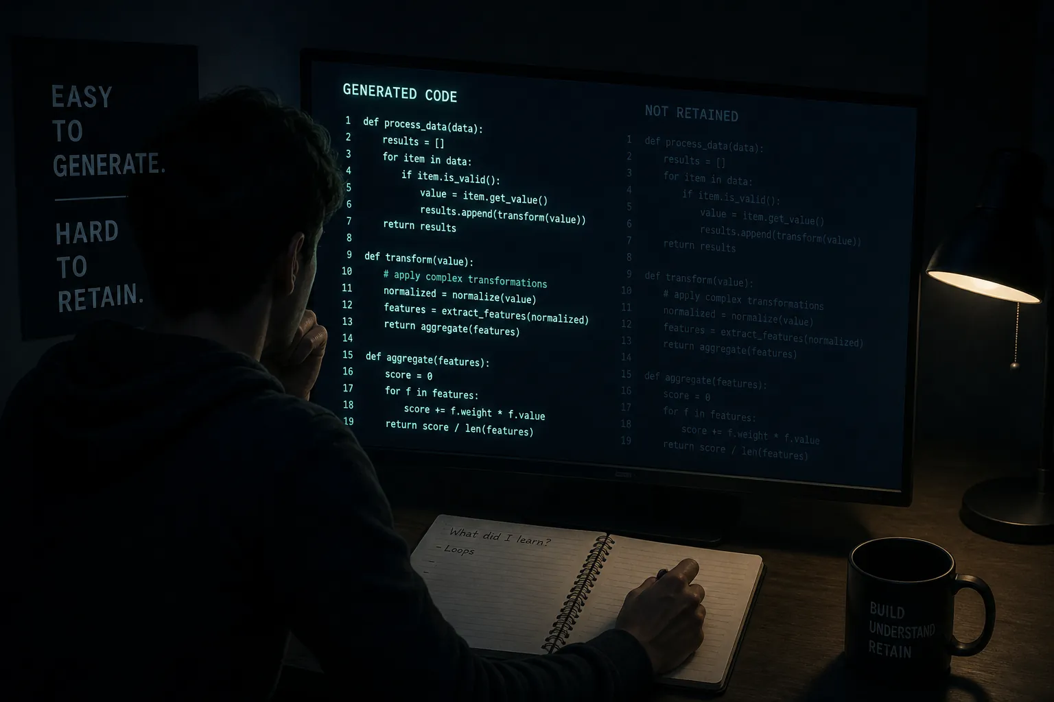 Night desk scene contrasting fast AI-generated code with weak learner retention