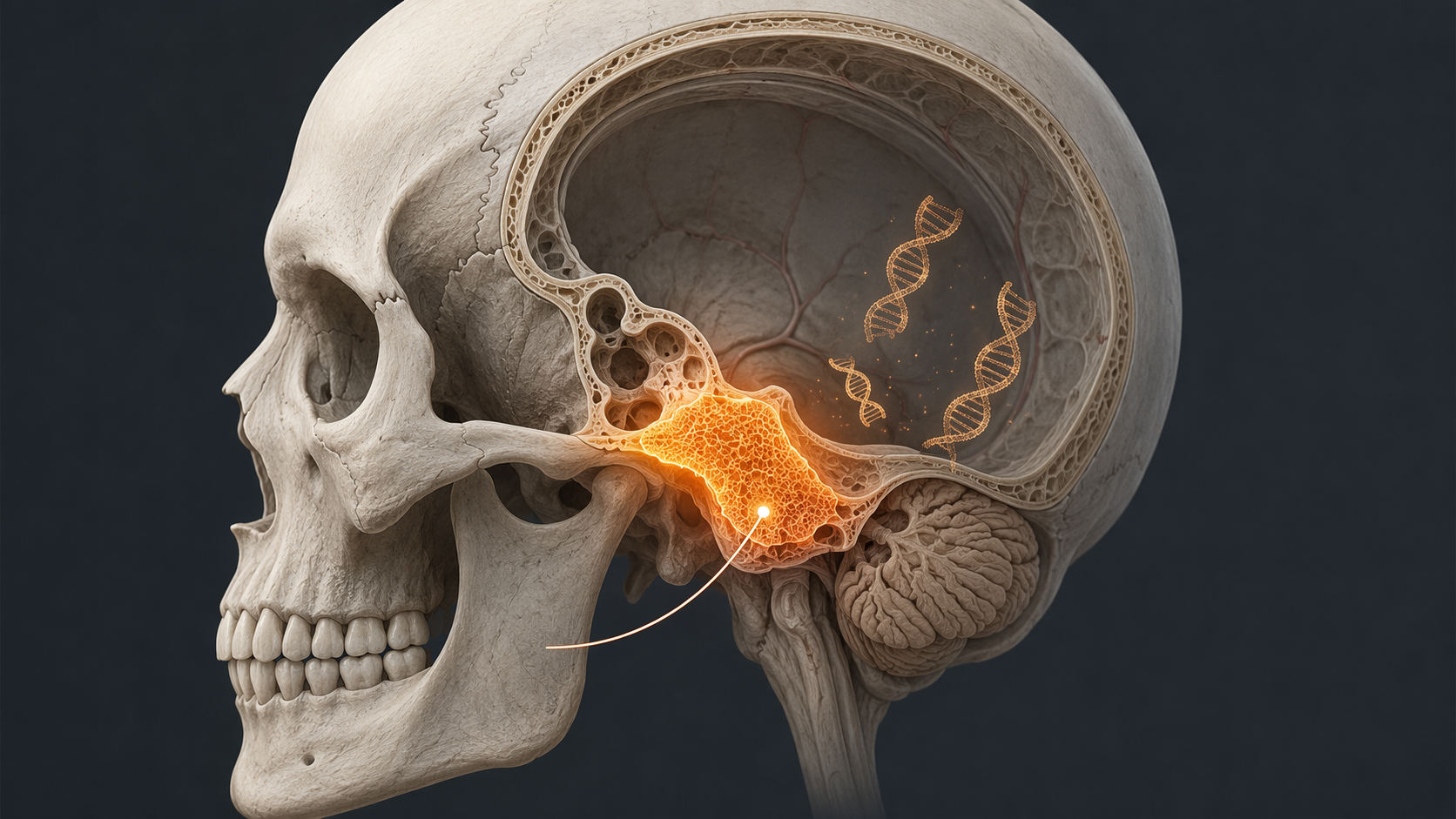 Cutaway skull diagram highlighting the petrous bone at the skull base