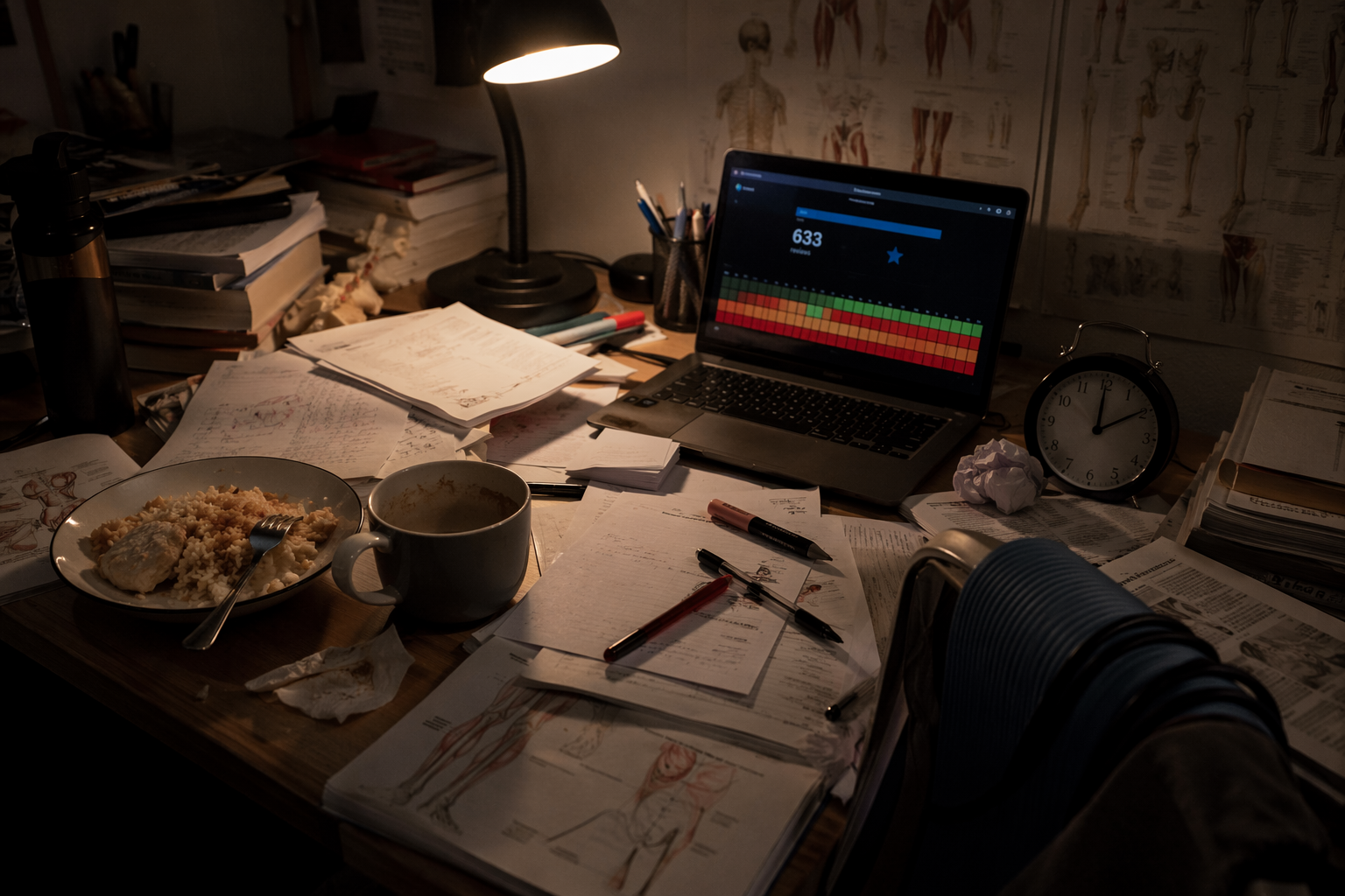 Medical student desk with pending flashcard reviews, untouched food, late-night clock, and unused exercise mat