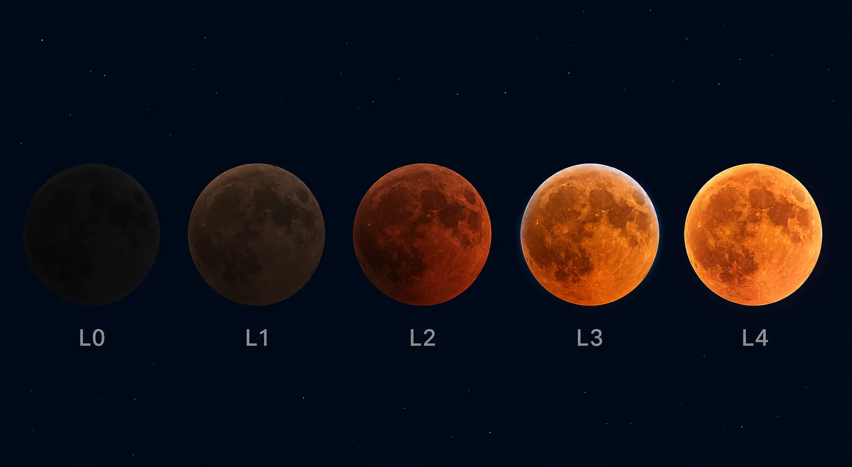 Diagram of five lunar discs labeled L0 through L4 showing the Danjon scale from dark to bright copper-orange
