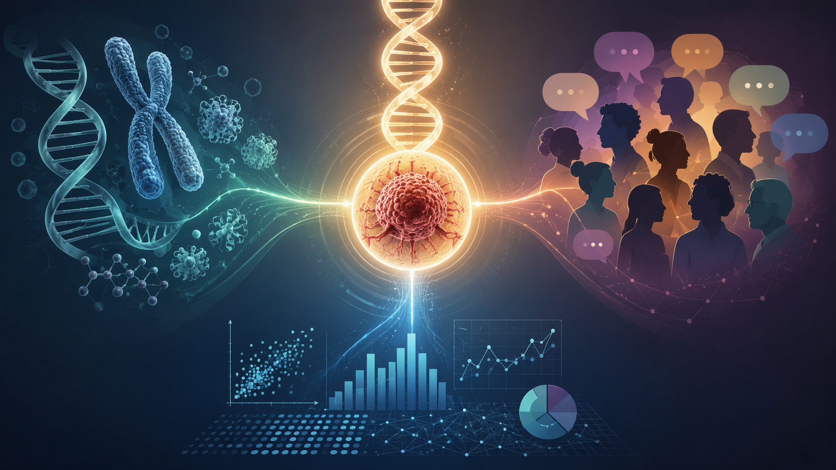 Diagram connecting one disease entity to genetics, psychosocial reasoning, and data interpretation across MCAT domains