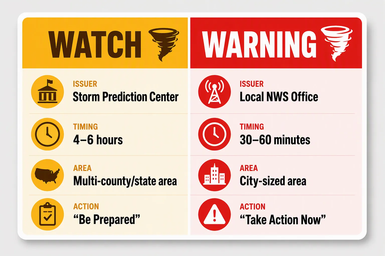 Side-by-side study card comparing tornado watch and tornado warning